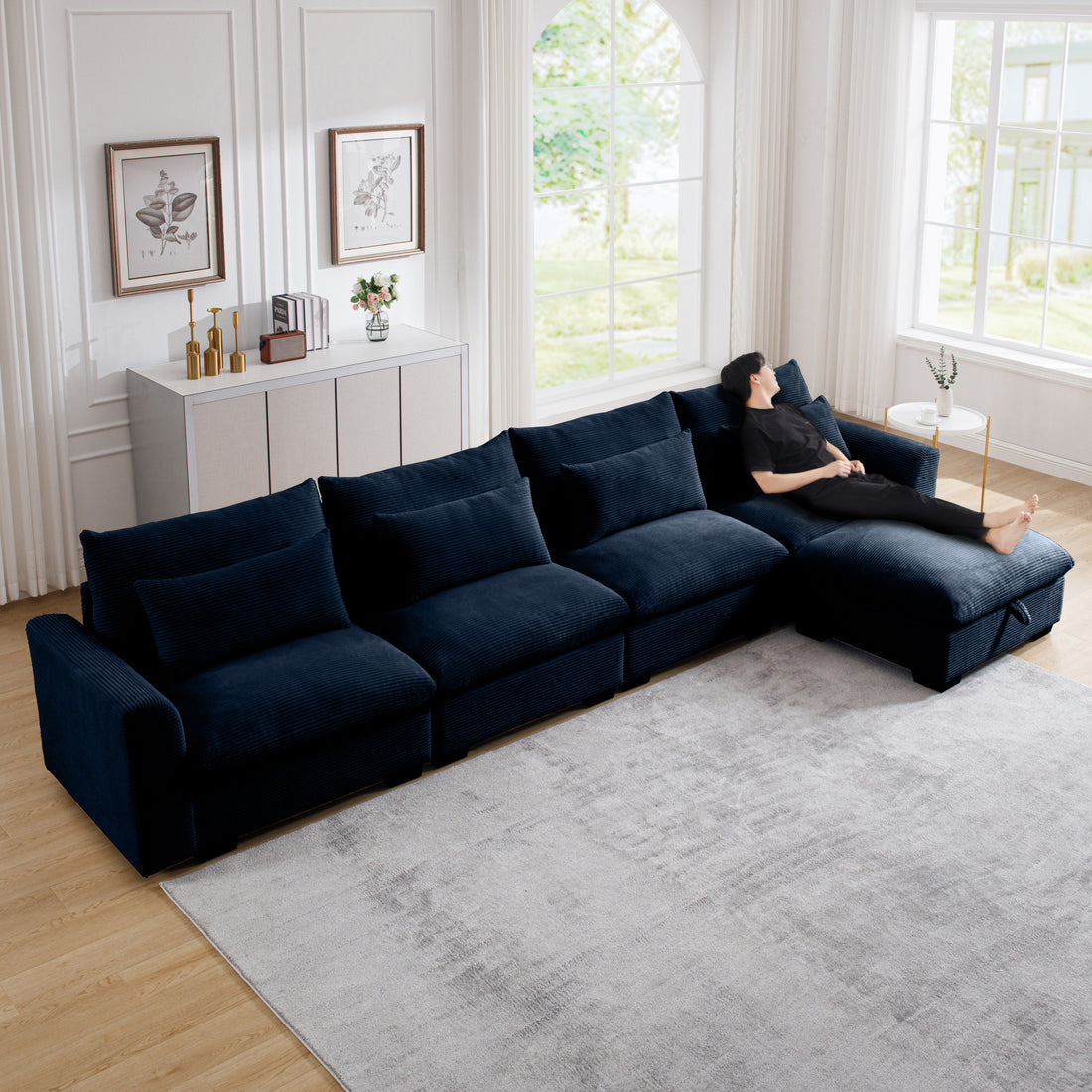 Large L Shape Sectional Corduroy Sofa,Deep Seat Couch With Storage Footstool And 4 Waist Pillows, Blue Blue Corduroy 4 Seat