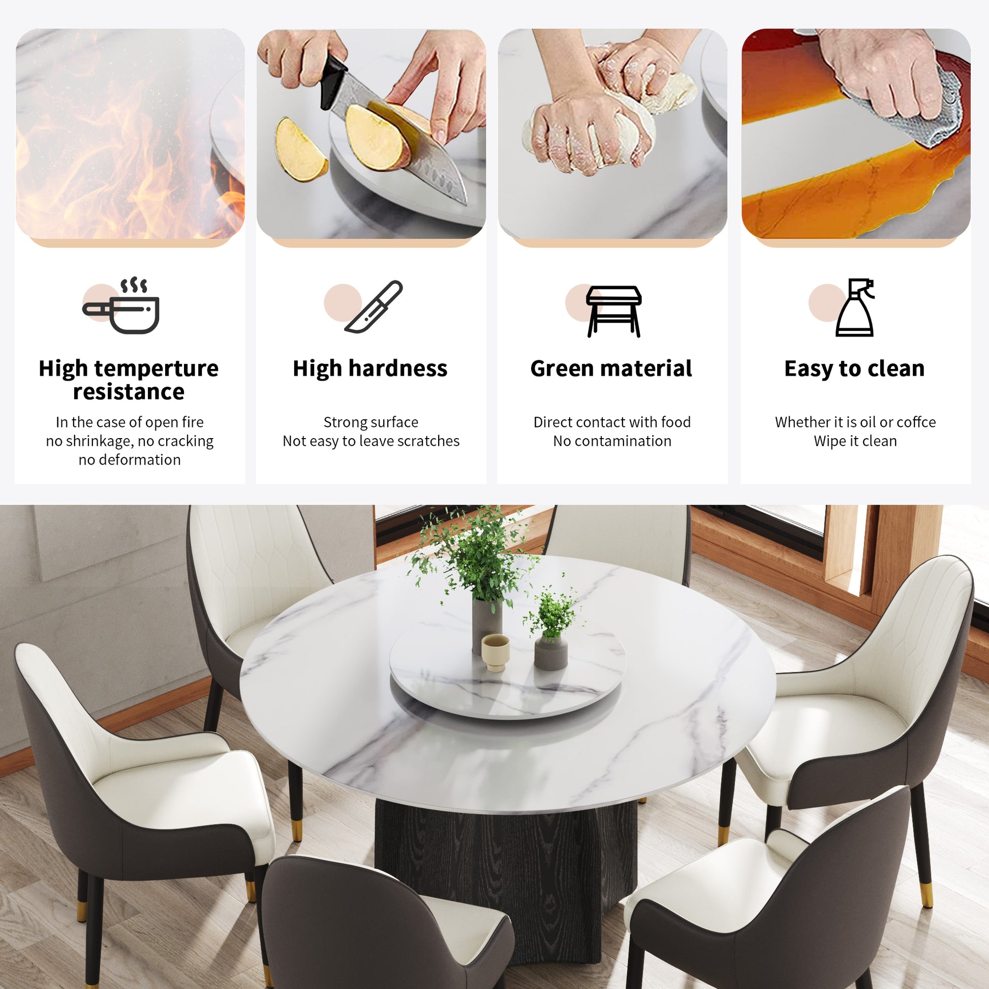 53" Round Marble Dining Table With Black Textured Solid Wood Base, Artificial Marble For 6 People, 23.62"White Artificial Stone Turntable,White Dining Table Only White Dining Room Modern Round Metal