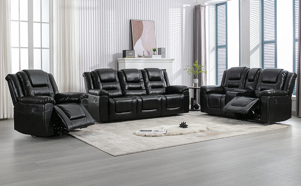 Home Theater Recliner Set Manual Recliner Chair With Wide Armrest, Two Built In Cup Holders For Living Room,Bedroom, Black Old Sku:Sg000760Aab Black Foam Pu Leather