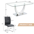 Table And Chair Set.Modern Dining Table,Tempered Glass Tabletop And Silver Colored Leg.Paired With 4 Soft And Comfortable Dark Gray Pu Chair, Perfect For Dinner, Meetings, Home And Office Decor.