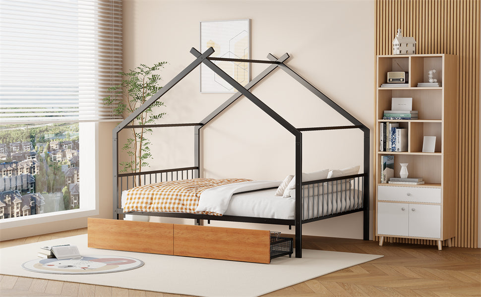 Full Size Metal House Bed With Two Drawers, Black Full Black Metal