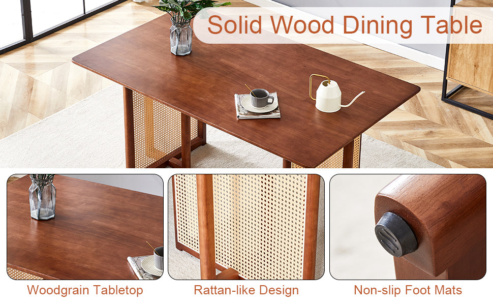 Table And Chair Set, Ancient Style Solid Wood Dining Table, Imitation Rattan Table Legs, Beautiful Simple Solid Wood Dining Chair, Perfect For Dinner, Meetings, Home And Office Decoration Walnut Rubber Wood