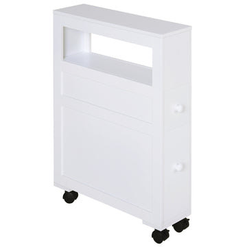 Homcom 6.25" X 20.5" X 28.25" Wood Rolling Narrow Bathroom Side Storage Cabinet White White Mdf