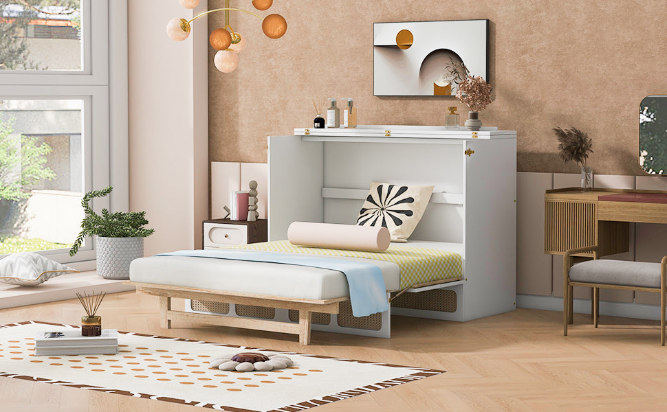 Full Size Murphy Bed With Large Drawers,White Full White Plywood