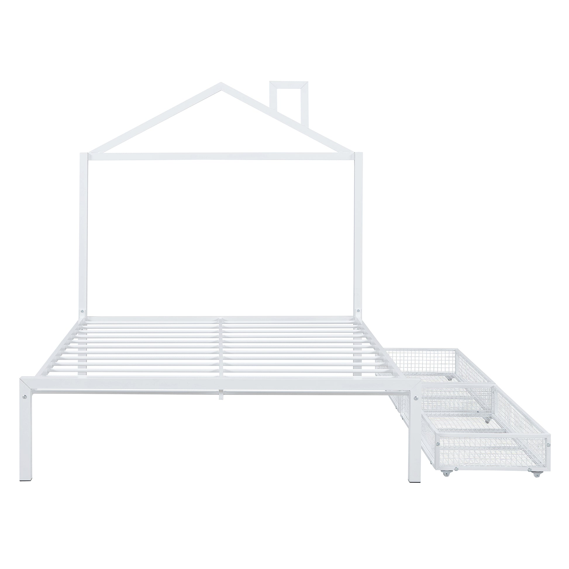 Full Size Metal Platform Bed With Two Drawers,House Shaped Headboard Design, White Full White Metal