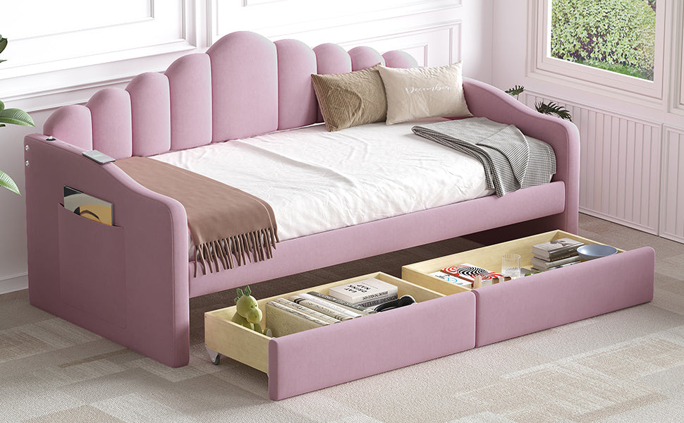 Twin Size Upholstered Daybed With 2 Drawers ,Velvet Sofabed With Usb Charging Ports,No Box Spring Needed,Pink Twin Pink Velvet