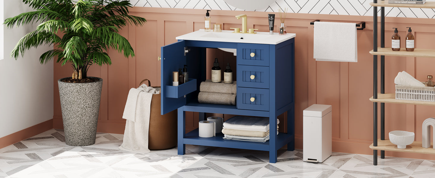 30Inch Transitional Style Bathroom Vanity Cabinet Combo With Ceramic Sink Blue Bathroom Solid Wood Mdf