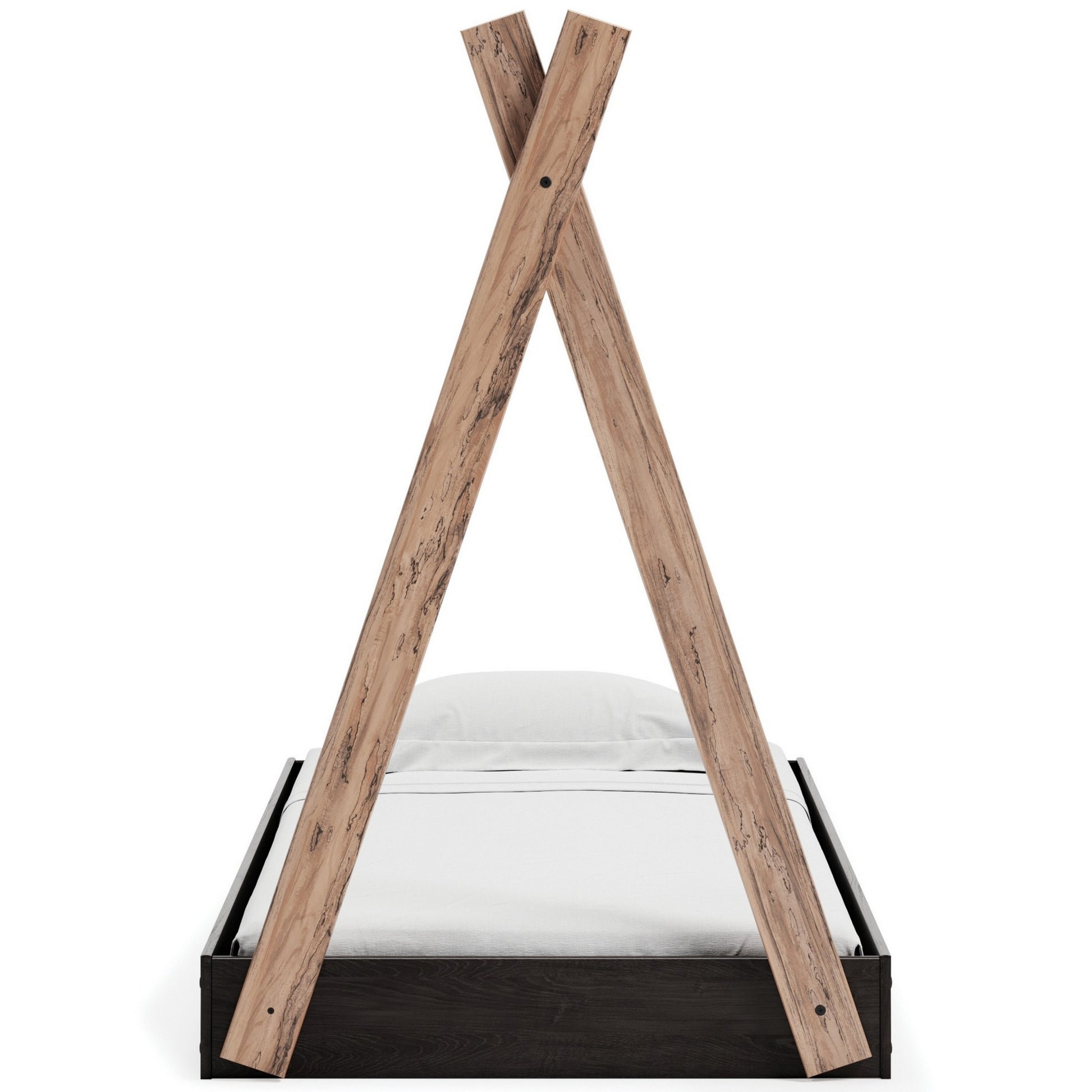 Pipa Modern Twin Size Bed, Crossed Wood A Frame Tent Stand, Jet Black Base Brown Wood