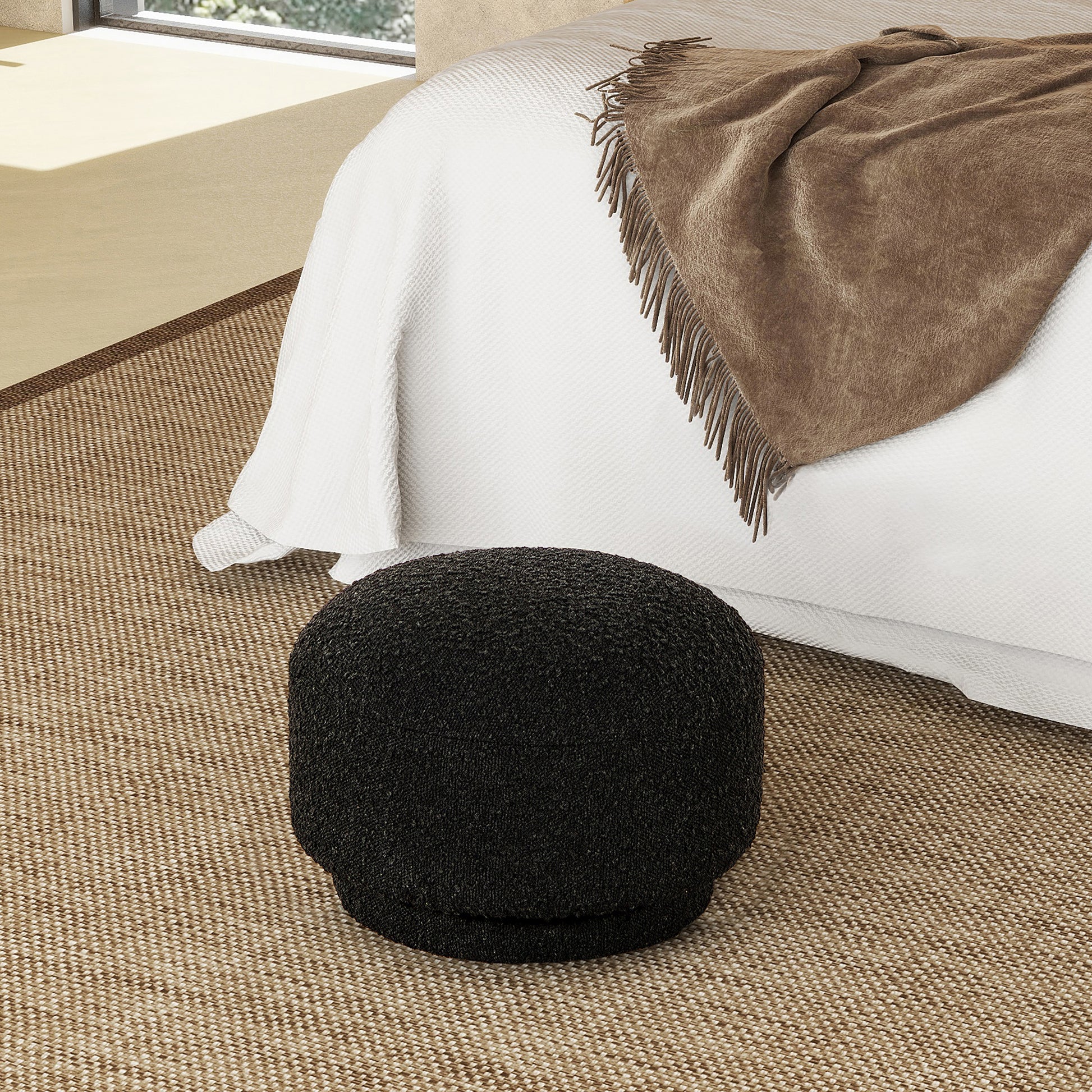 Fuji 15" Mushroom Footstool Ottoman, Ebony Black Boucle Black Foam Boucle