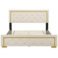 Queen Size Upholstered Platform Bed With Pull Point Headboard And Metal Wire Frame At The Head And Foot Of The Bed, Metal Feet, Velvet, Beige Queen Beige Mdf Lvl