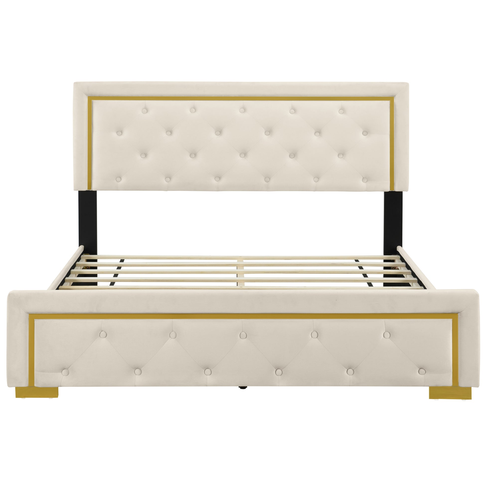 Queen Size Upholstered Platform Bed With Pull Point Headboard And Metal Wire Frame At The Head And Foot Of The Bed, Metal Feet, Velvet, Beige Queen Beige Mdf Lvl