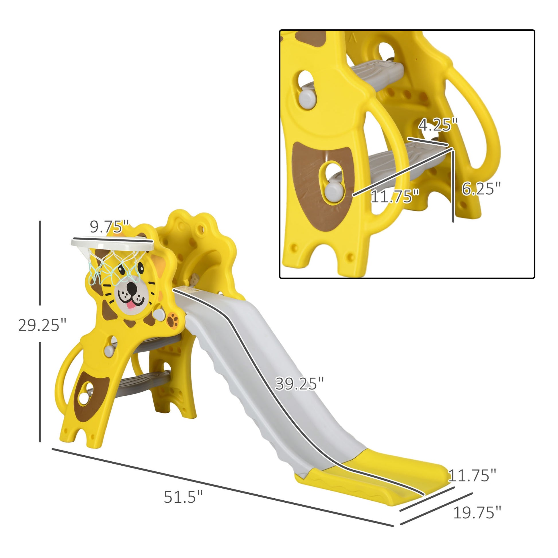 Qaba 2 In 1 Toddler Slide For Indoors, Toy For Toddler, Easy Set Up Baby Slide With Basketball Hoop For Kids 18 36 Months, Yellow Yellow Plastic