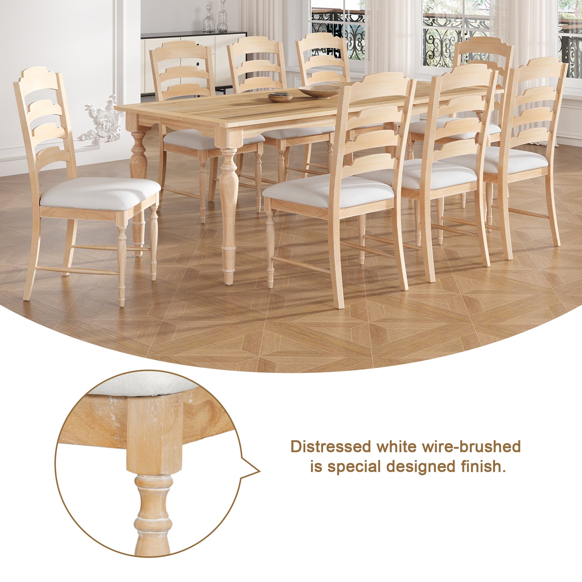 Vintage Traditional 9 Piece 82.7Inch Extendable Dining Table Set With 23.6Inch Removable Leaf And 8 Upholstered Dining Chairs For 8, Natural Wood Dining Room Distressed Finish Rubberwood Rectangular Dining Table With Bench Wood Wood Natural Seats 8