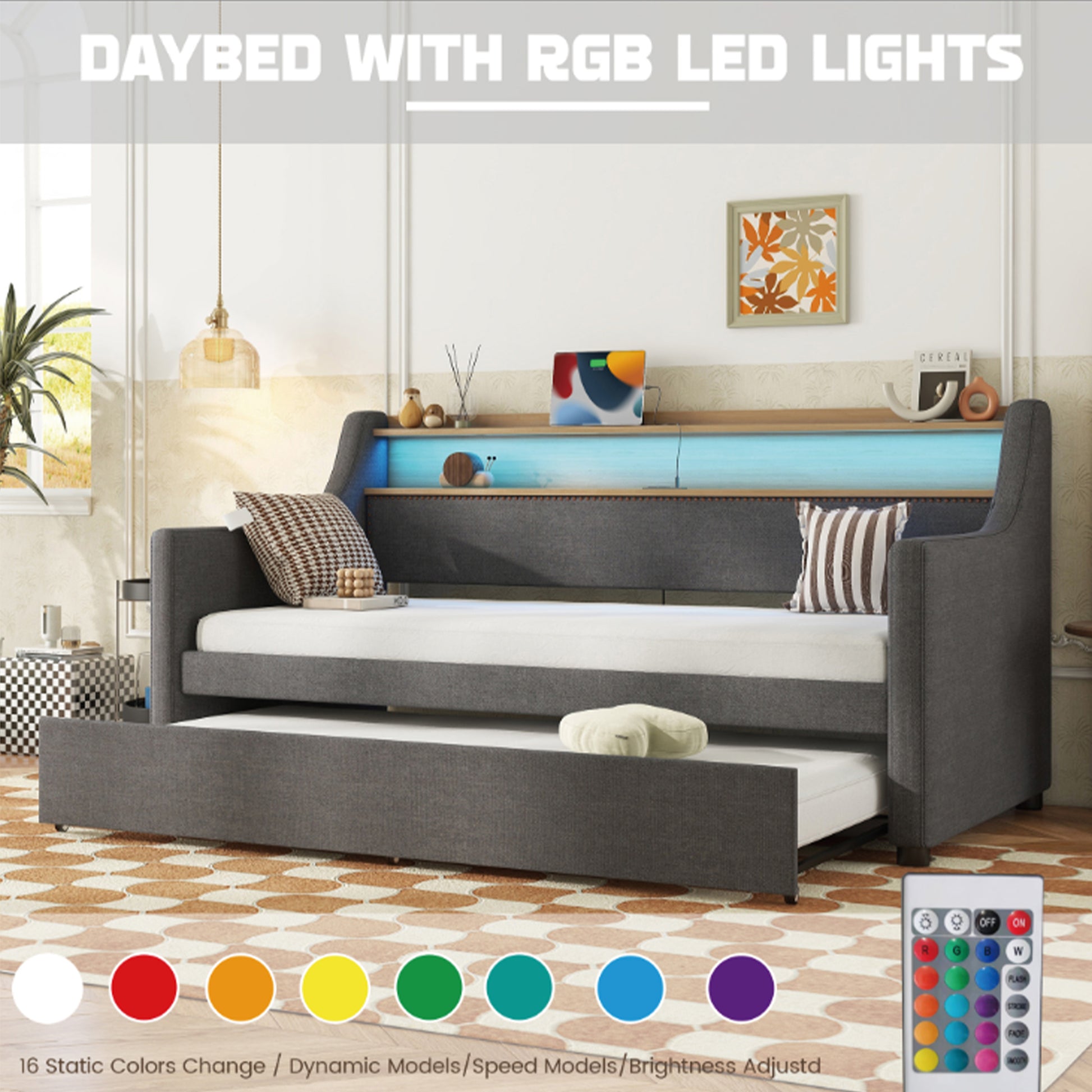 Twin Size Daybed With Trundle Bed, Upholstered Daybed With Charging Station And Led Lights, Gray Twin Gray Linen