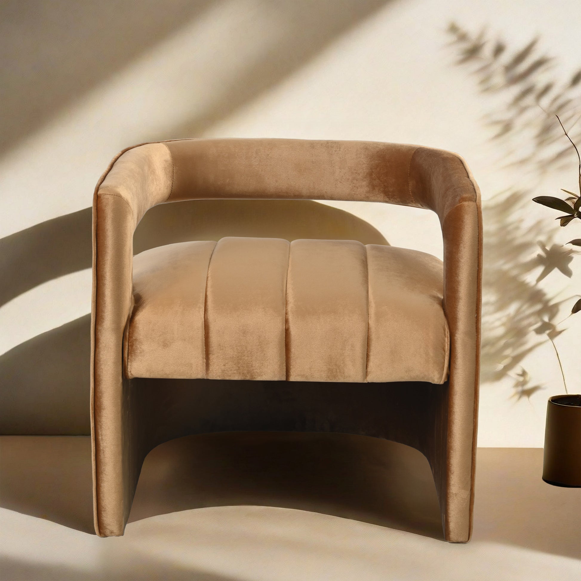 Modern Velvet Accent Chair With Ribbed Detail, Luxury Curved Fully Upholstered Accent Chair, Brown No Assembly Needed Brown Velvet