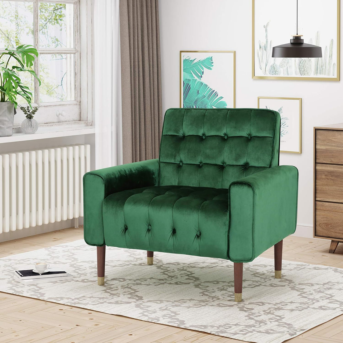 Mirod Comfy Arm Chair With Tufted Backmodern For Living Room, Bedroom And Study Emerald Velvet