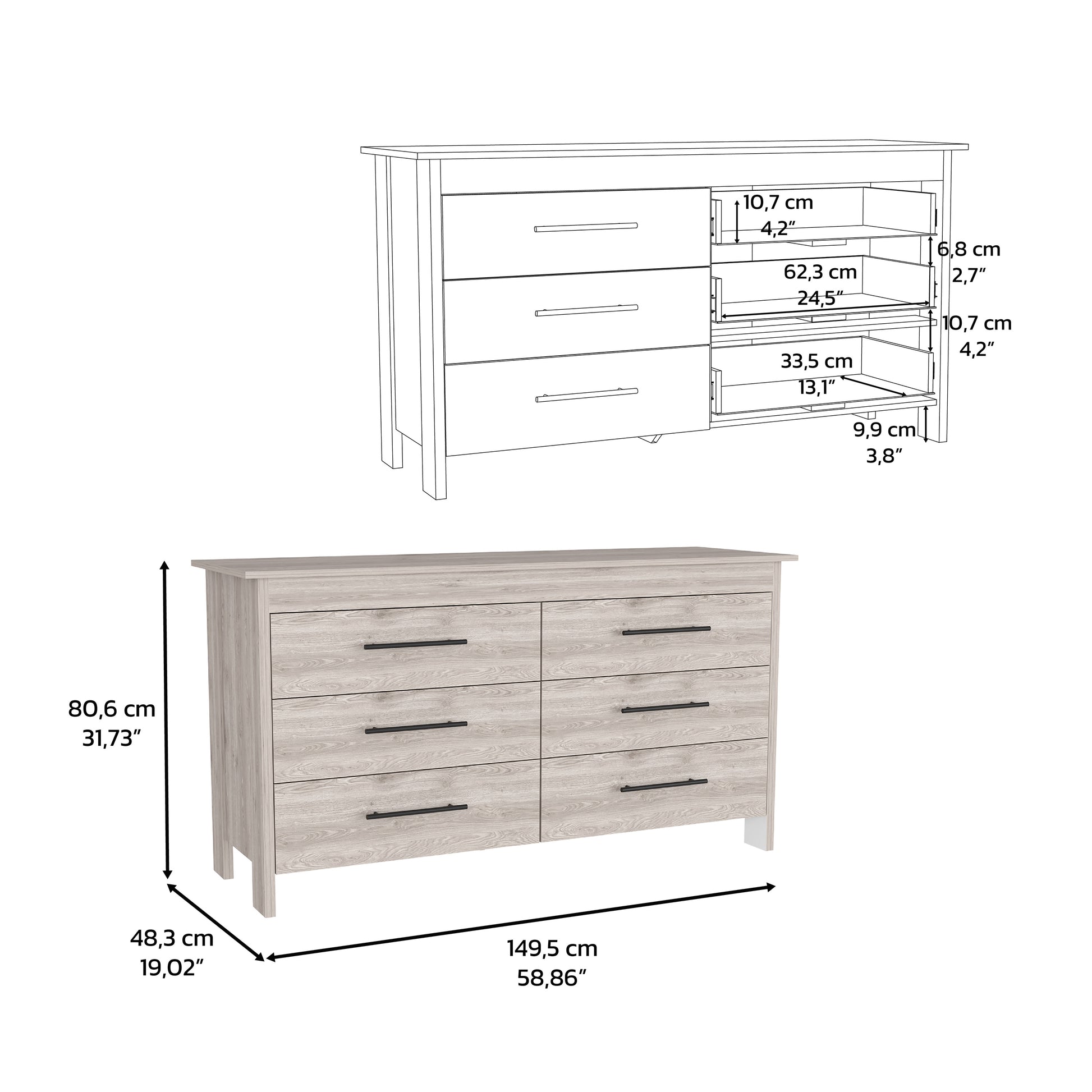 Double Dresser, Four Legs, 6 Drawer, Superior Top, Light Gray Light Gray Solid Wood Mdf Engineered Wood