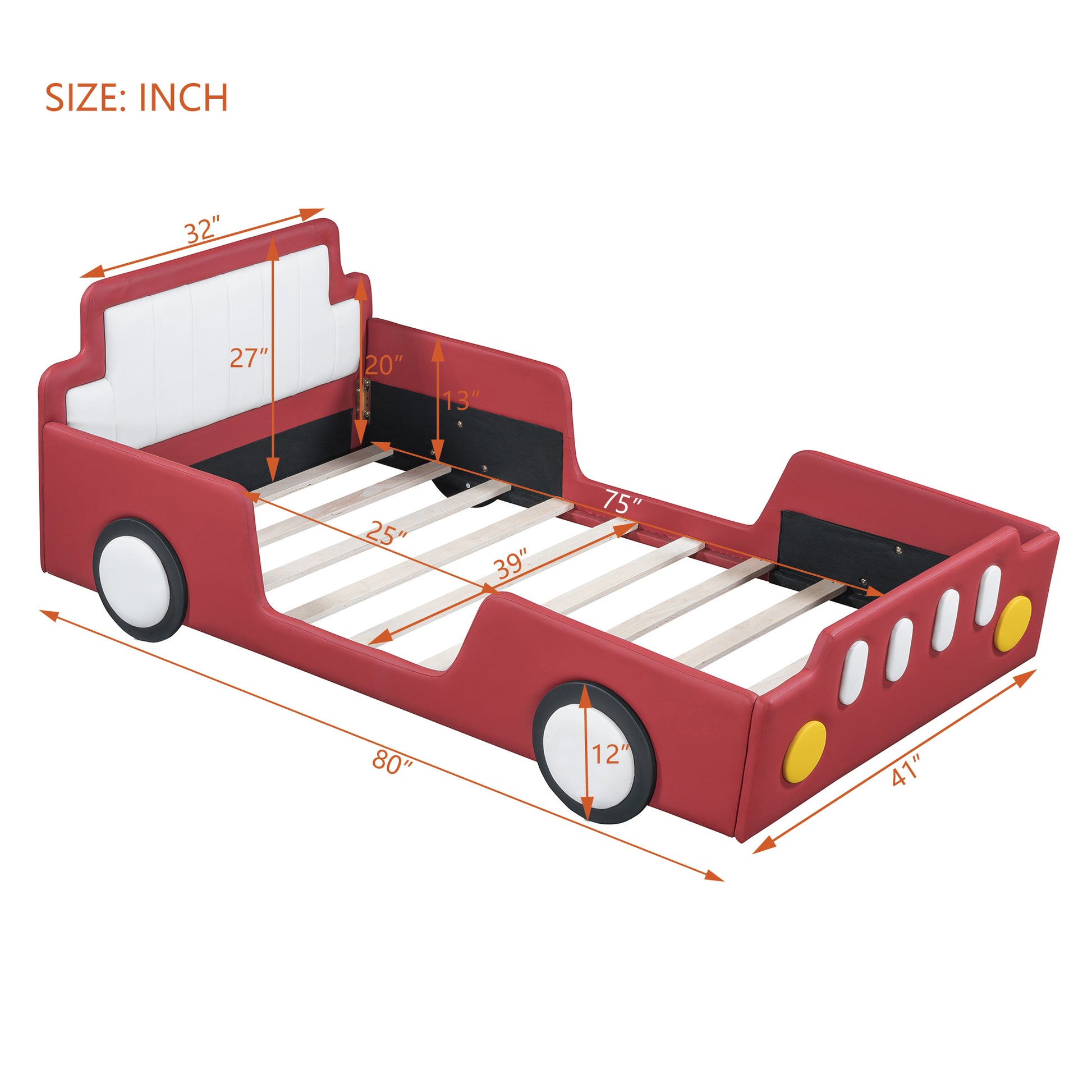 Twin Size Race Car Shaped Platform Bed With Wheels,Red Twin Red Pu Leather