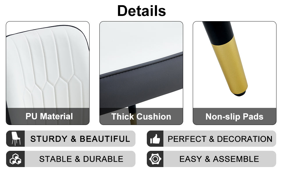 Table And Chair Set.The Table Has A Glass Top With Imitation Marble Pattern Stickers And Stainless Steel Golden Legs. Paried With Chairs With Pu Artificial Leather Backrest Cushions And Black Legs. White Gold Seats 6 Glass Metal