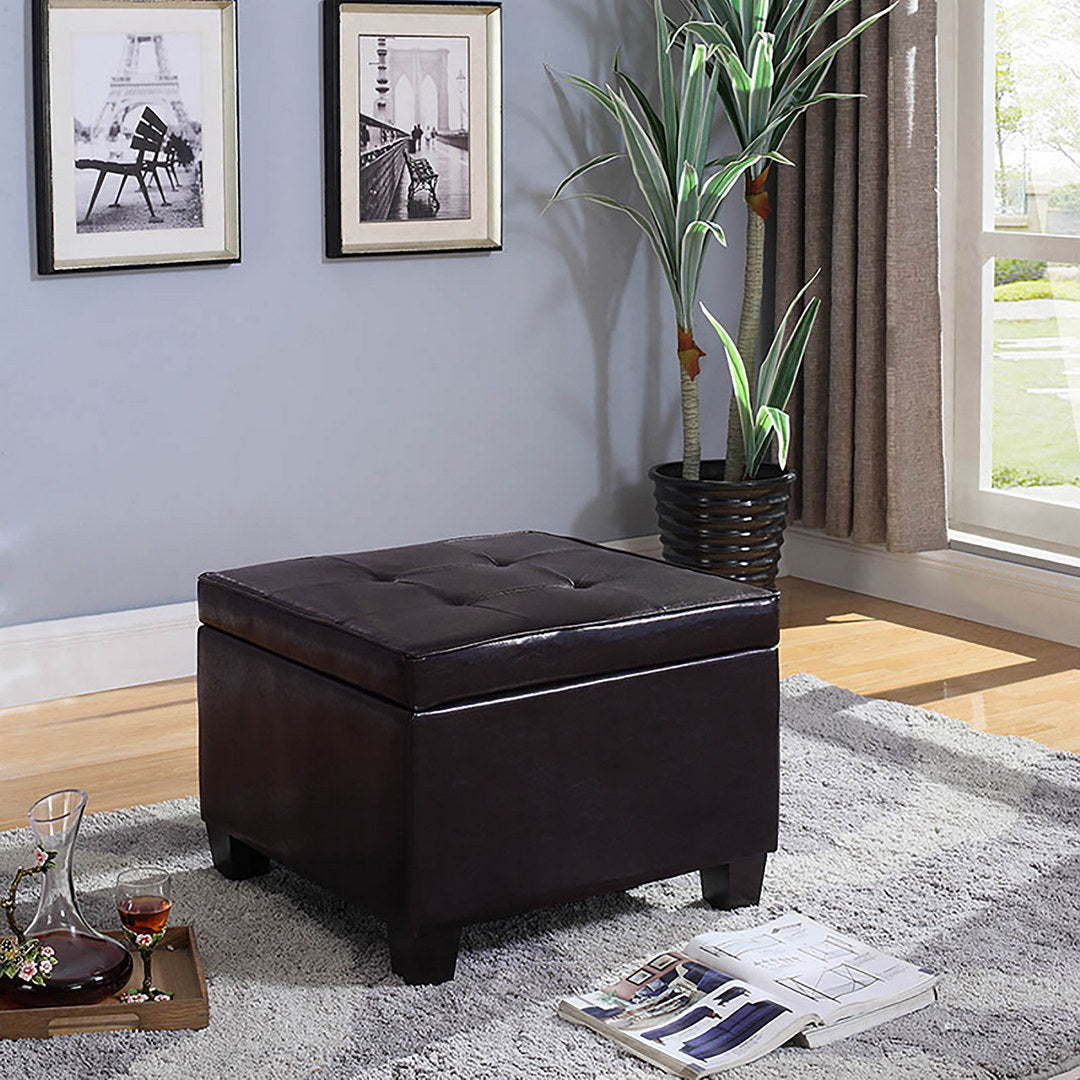 15" Tall Wood And Leather Storage Ottoman, Brown Brown Wood