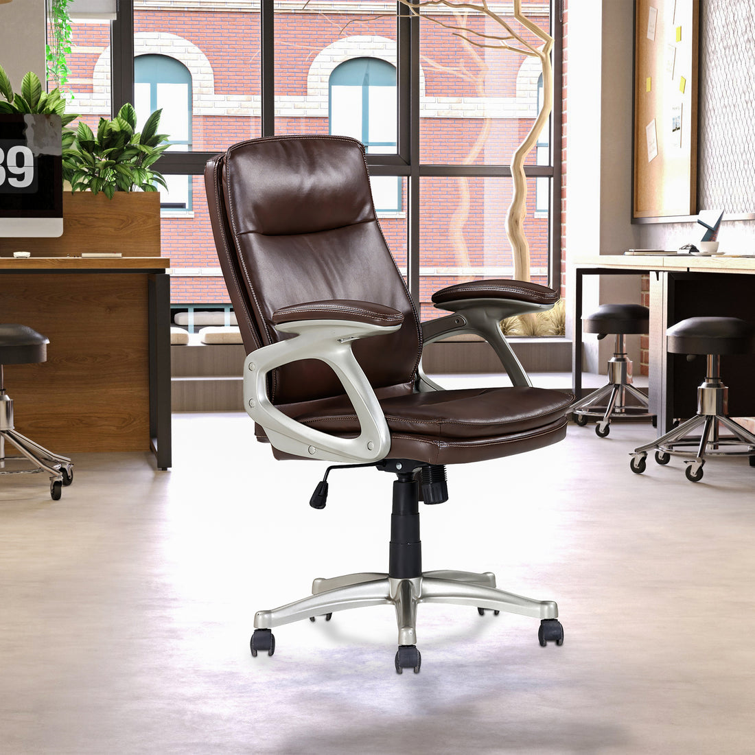 Mid Back Brown Faux Leather Swivel Office Executive Chair, Ergonomic Conference Desk Chair, Brown Silver Caster Plastic Brown,Silver Office Foam Rectangular Contemporary Push Button Office Chairs Solid Back Plywood Adjustable Height Faux Leather