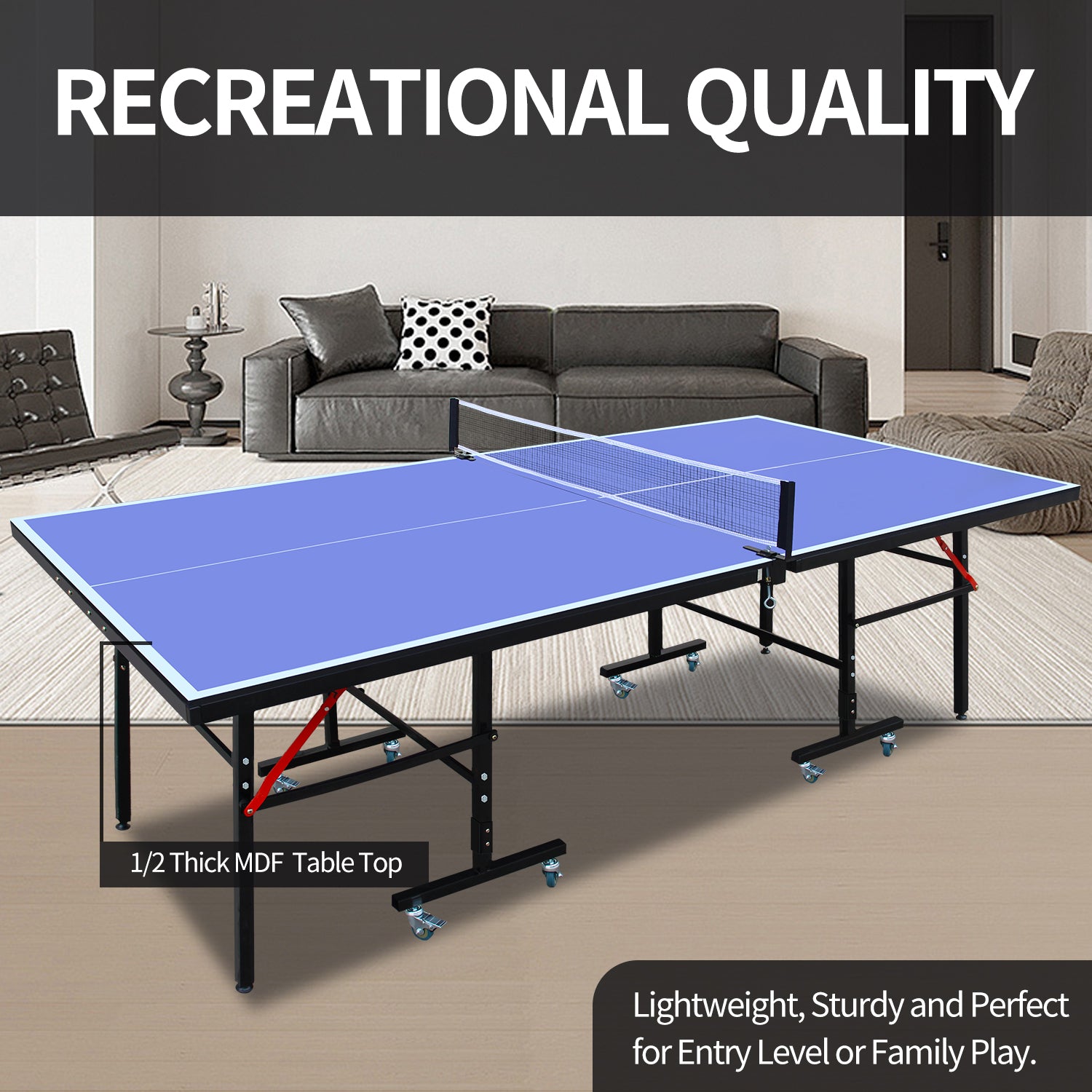 8Ft Mid Size Table Tennis Table Foldable & Portable Ping Pong Table Set For Indoor Games With Net, 2 Table Tennis Paddles And 3 Balls Blue Mdf