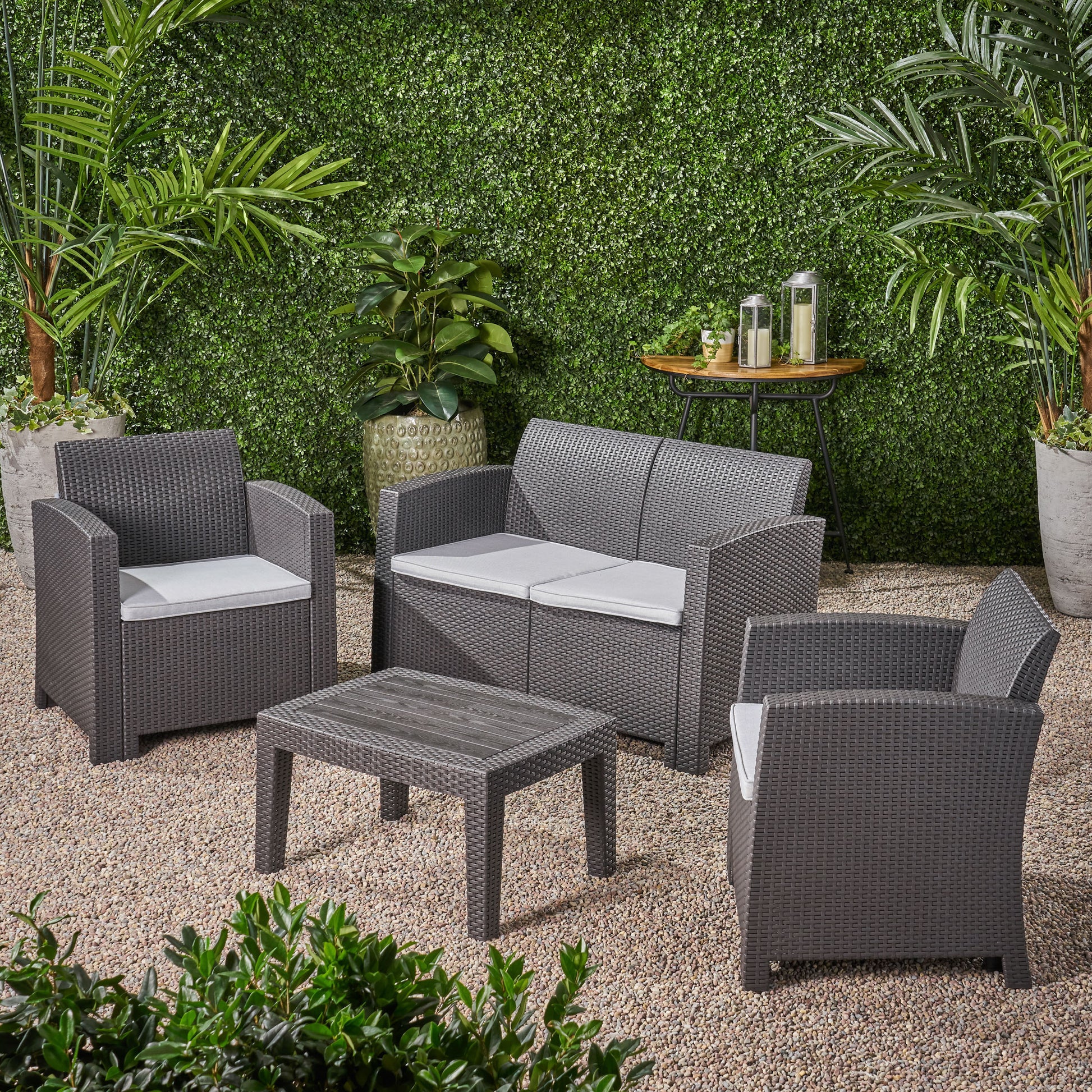 Outdoor Faux Wicker Rattan Style Chat Set With Water Resistant Cushions, 4 Pcs Set, Charcoal Light Grey Grey Rattan Waterproof Fabric