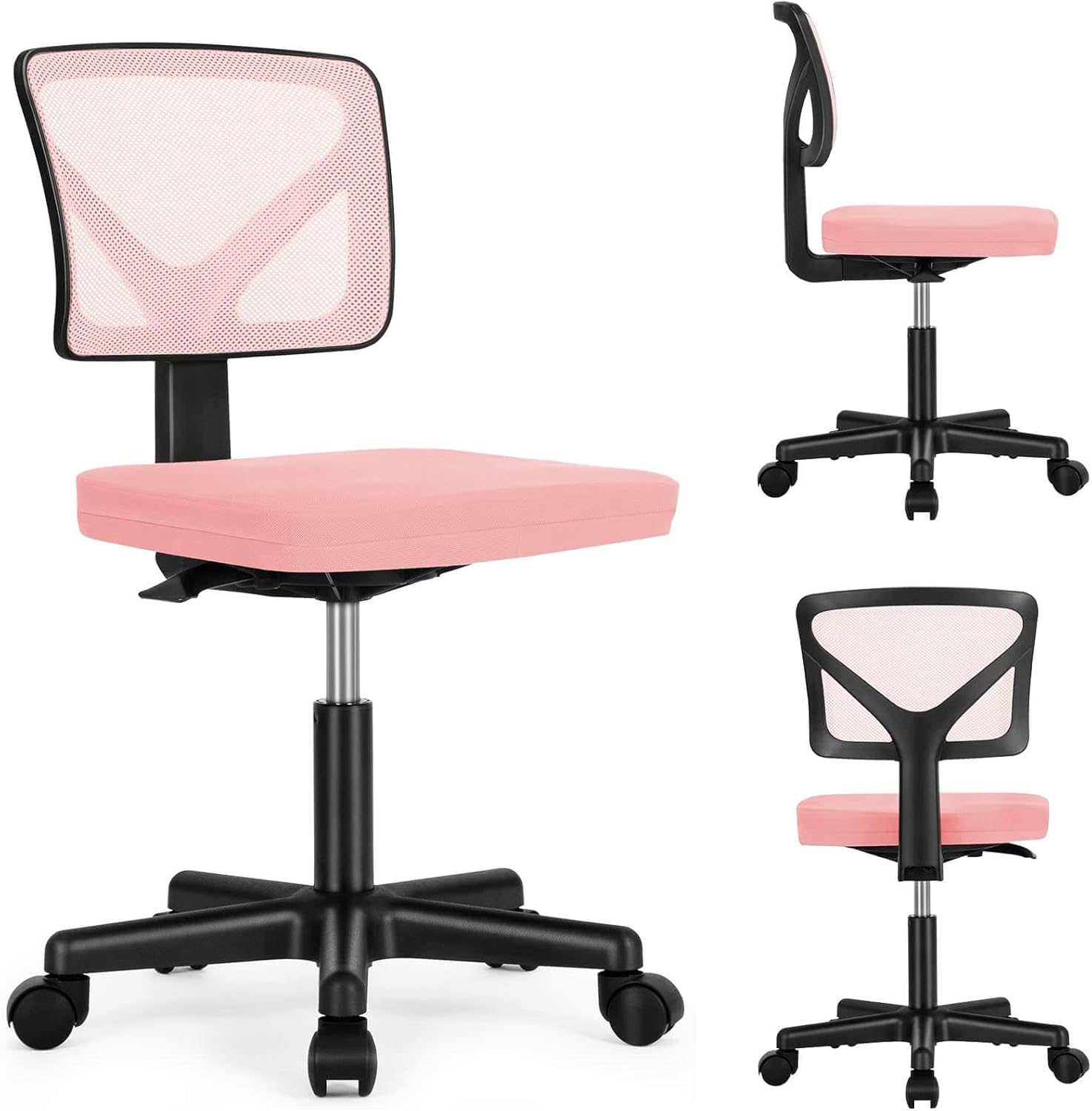 Low Back Mesh Armless Office Chair,Swivel Rolling Computer Chair No Arms With Lumbar Support, Pink Pink Metal