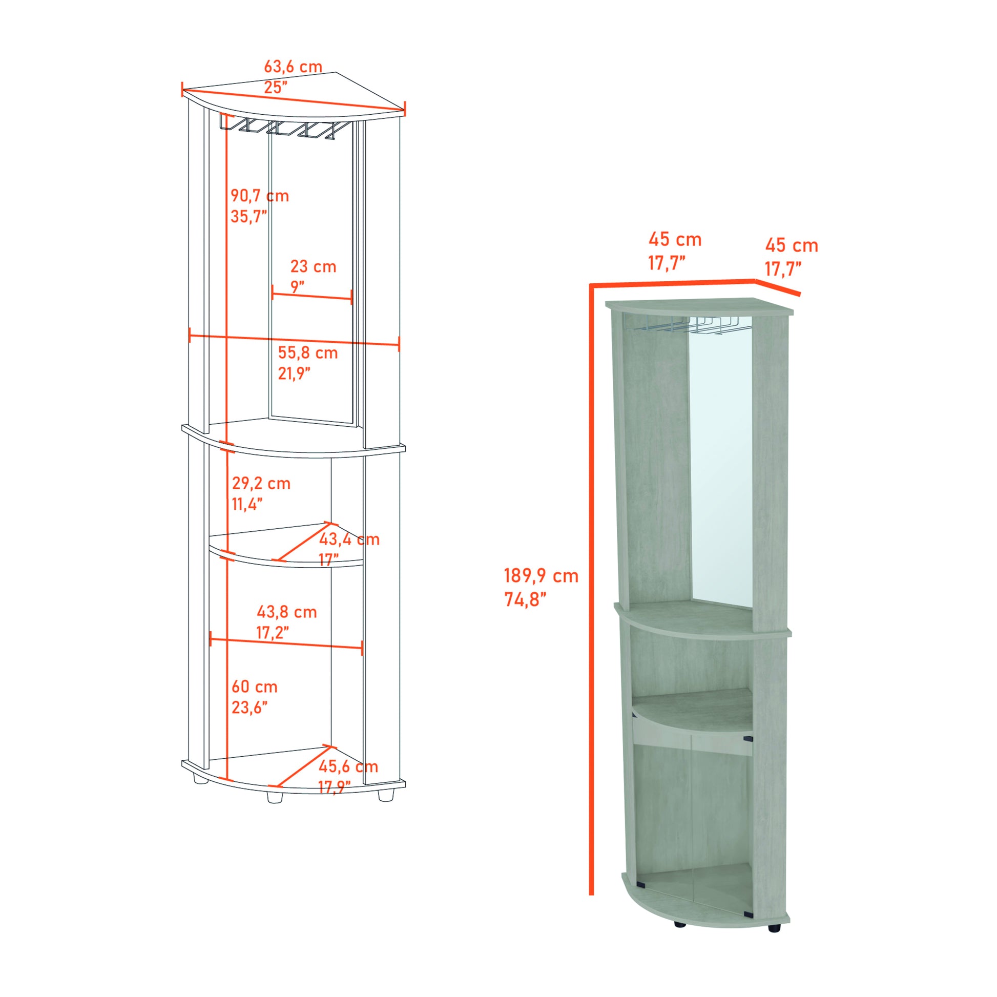 Oregon Corner Bar Cabinet, 3 Tier Shelf With Glass Rack Gray Particle Board Engineered Wood