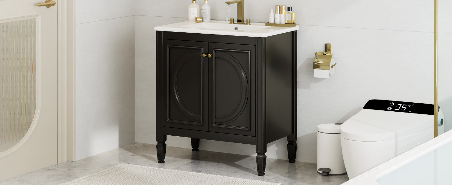 30" Bathroom Vanity With Sink, Two Doors With Shelf, Soft Close Door Hinges, Vintage Style, Black Black Ceramic Mdf,Rubber Wood
