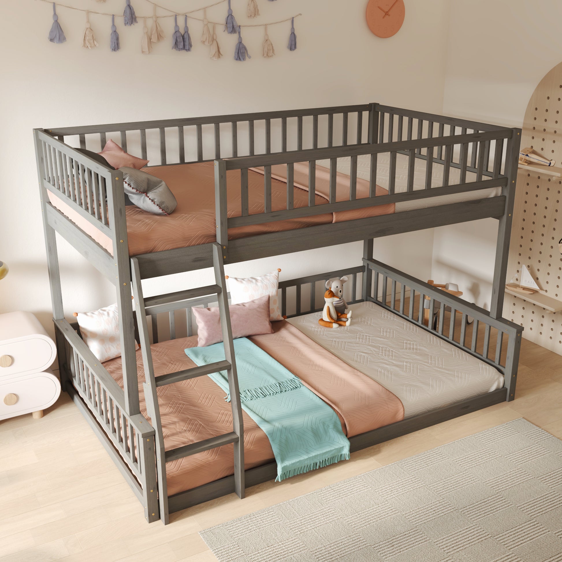 Full Xl Over Queen Bunk Bed With Ladder And Guardrails, Gray Box Spring Not Required Queen Gray Wood Bunk Solid Wood Mdf