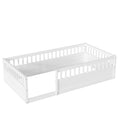 Twin Floor Bed Frame With Fence, Wood Kids Floor Beds Frame For Bedroom Playroom,White Twin White Pine