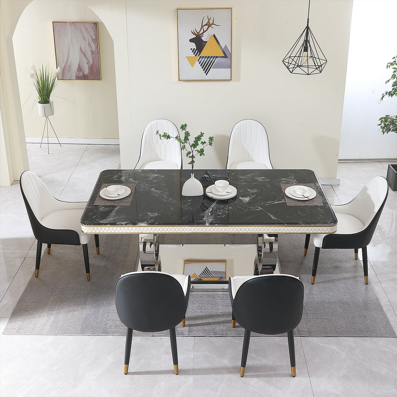 Luxury Modern Dining Table 78.7Inch Black Dining Table With 6 Chairs Faux Marble Dining Table Top With Titanium Plated Dual Circle Base With 6Pcs Chairs . Black Seats 6 Dining Room American Design Square Kitchen & Dining Tables Glossy Rectangular