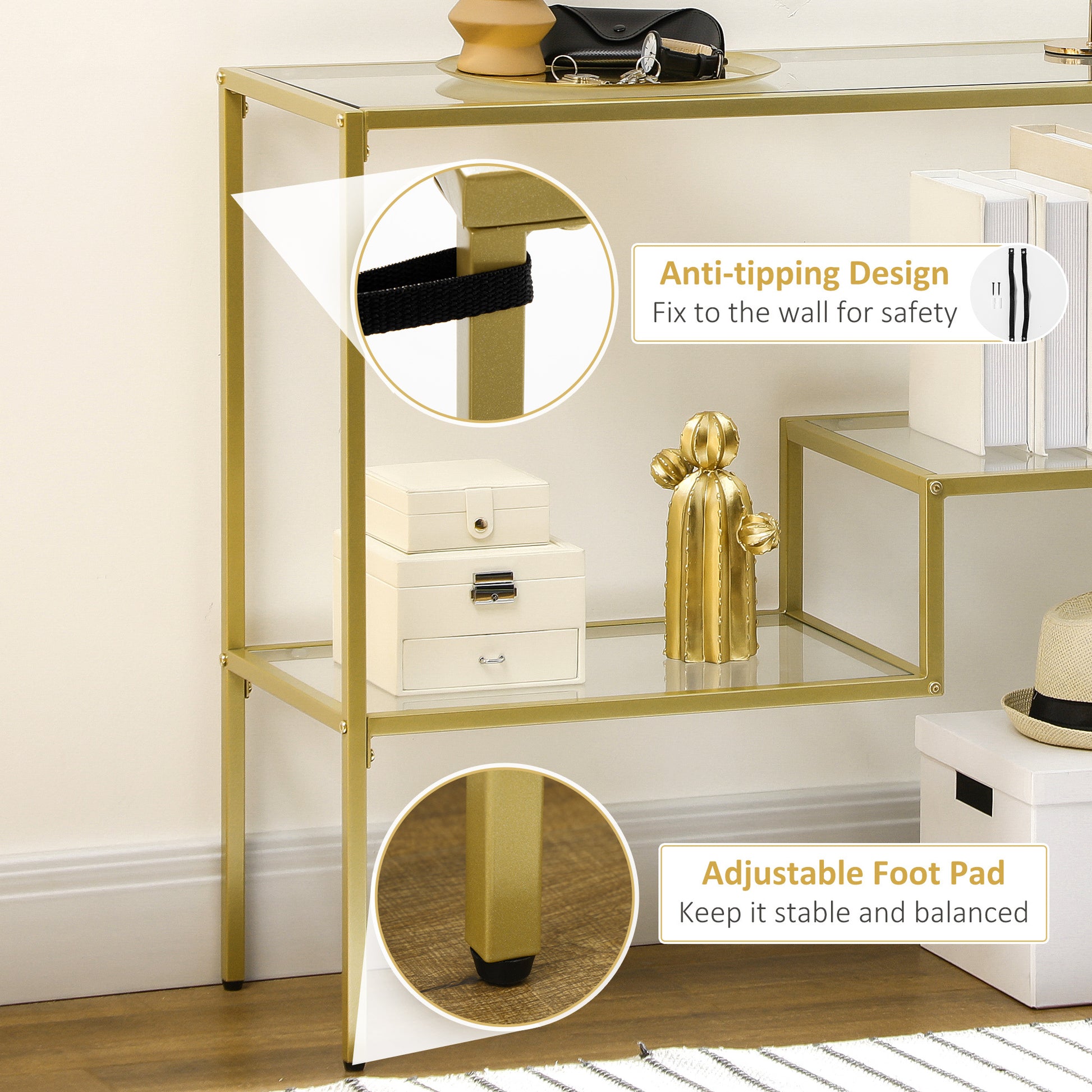 Homcom Gold Console Table, 39" Tempered Glass Behind Sofa Table, Narrow Entryway Table With Storage Shelves, Steel Frame For Living Room Furniture, Hallway Furniture, Glass Table Gold Glass Metal