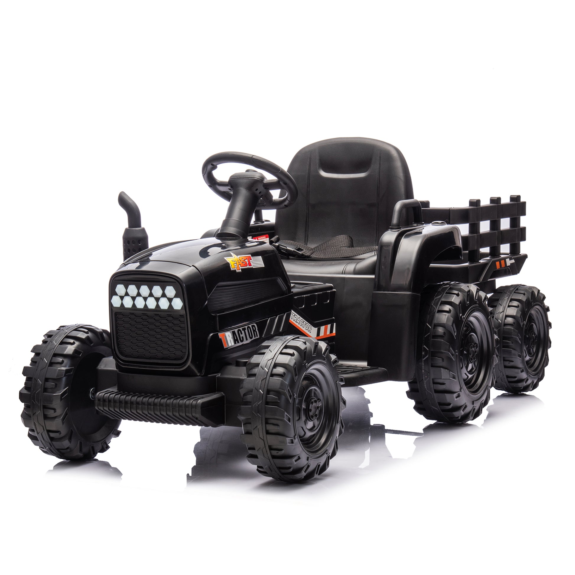 Ride On Tractor With Trailer,24V Battery Powered Electric Tractor Toy, 200W*2Motor 1.86 4.97Mph Remote Control,Electric Car For Kids,Three Speed Adjustable,Usb,Mp3 ,Bluetooth,Led Light, Safety Belt. Black 50 99 Lbs Polypropylene