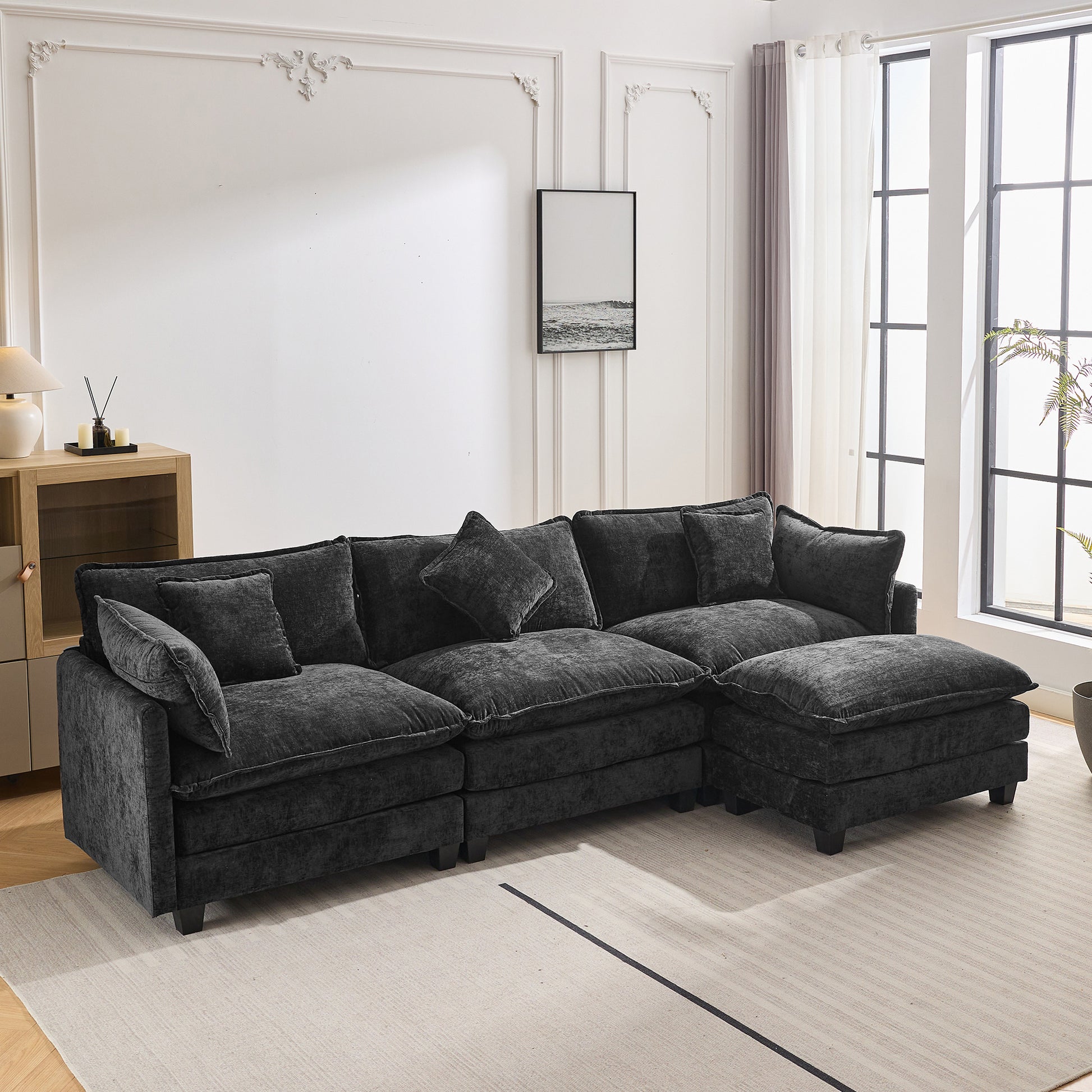 112.2" L Shape Chenille Upholstered Sofa For Living Room Modern Luxury Sofa Couch With Ottoman And 5 Pillows For Living Room Sg001160Aa , Black Black Foam 4 Seat