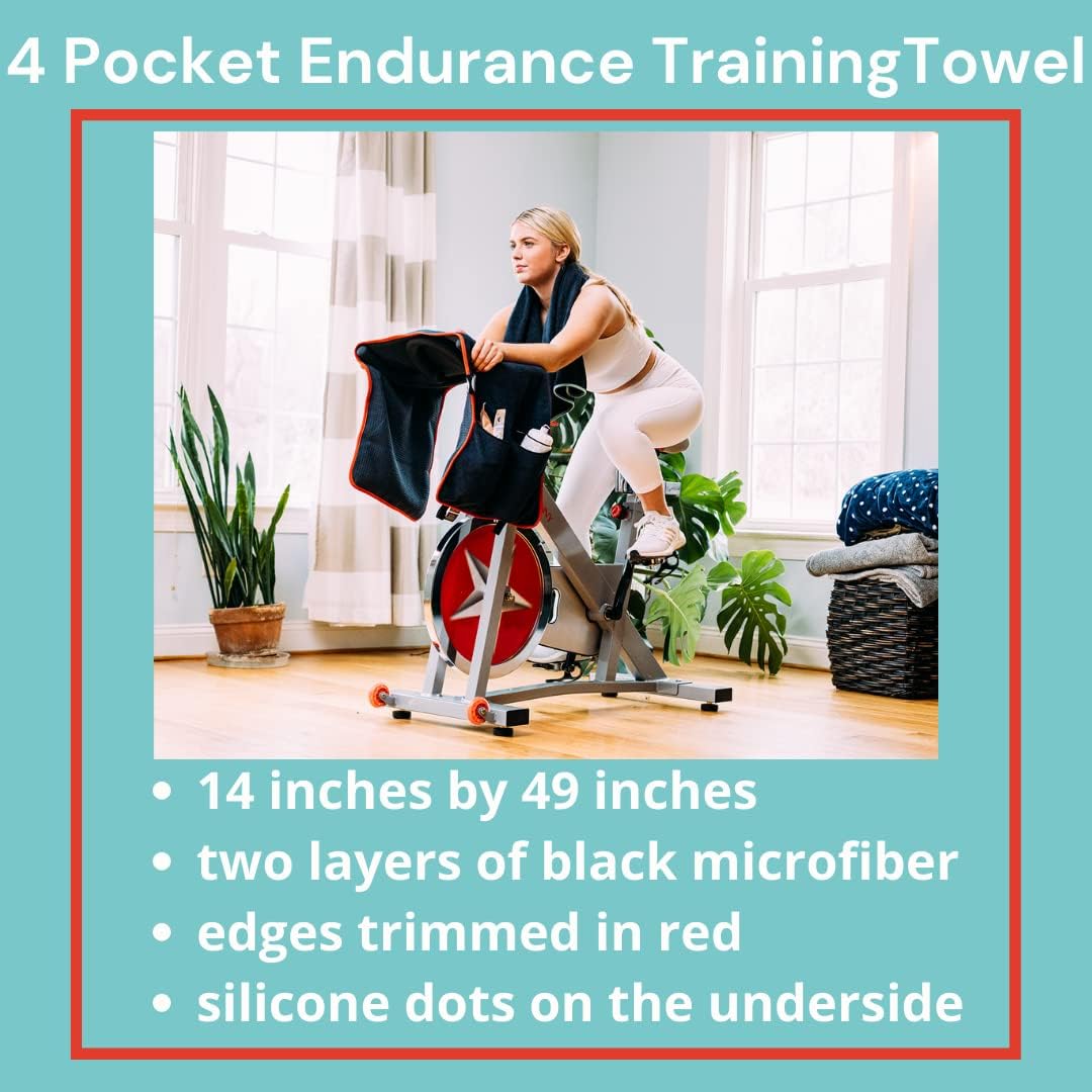 Sweat Protection Towel, Handlebar Sweat Towel For Peloton, Echelon Bike, Bike Trainer Stand, Indoor Cycling Workout Towel With 4 Pocket For Water Bottle Or Phone Holder Black Polyester