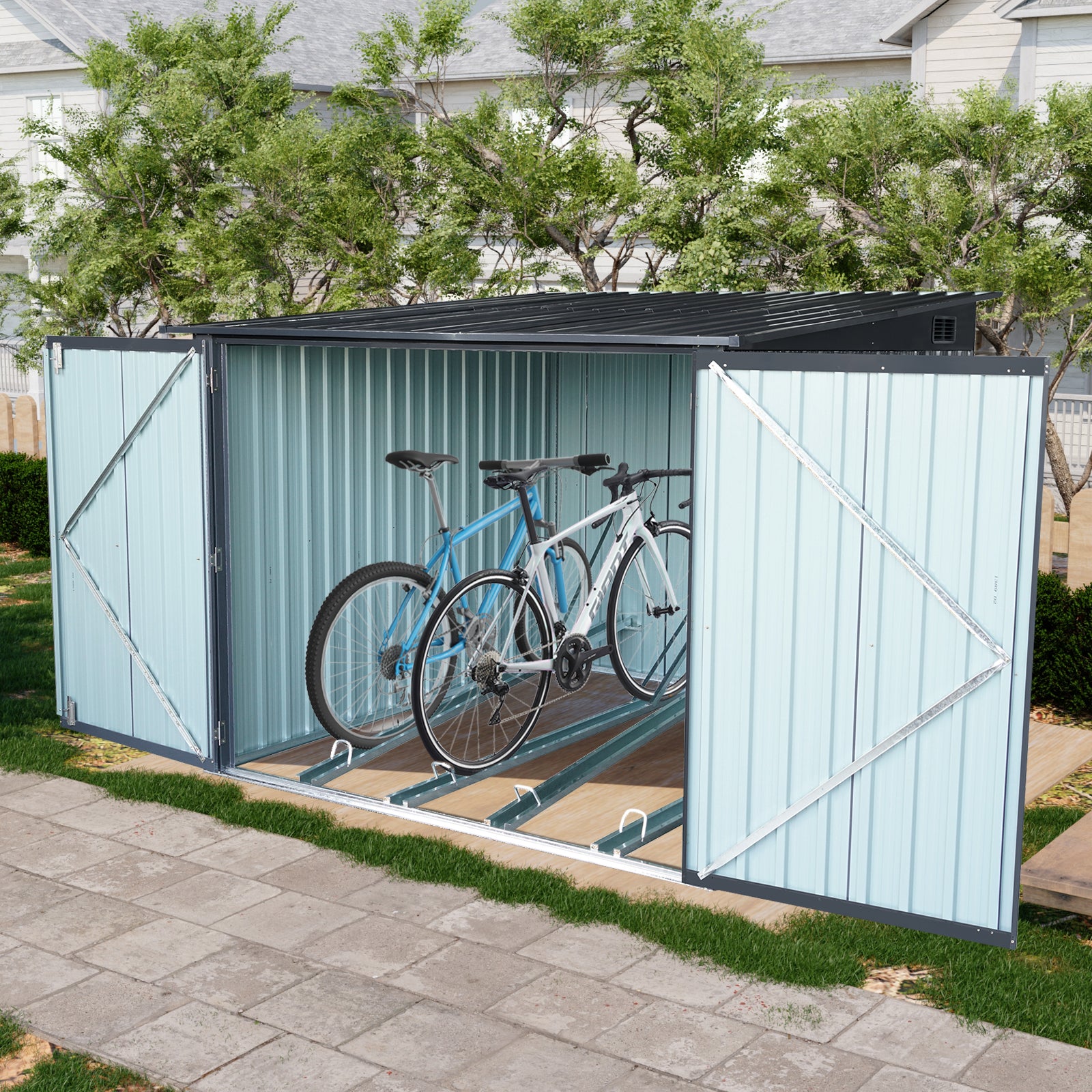 Outdoor Steel Storage Shed For Bicycle With Slope Roof And 4 Bike Tracks, Black Black Metal