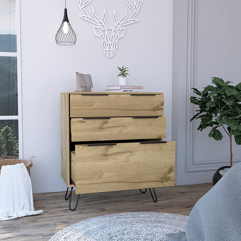 Augusta Dresser, Hairpin Legs, Three Drawers, Superior Top Light Oak Hinged Beige Drawer 2 Drawers Bedroom Ball Bearing Glides Modern 2 Or Less Particle Board Particle Board