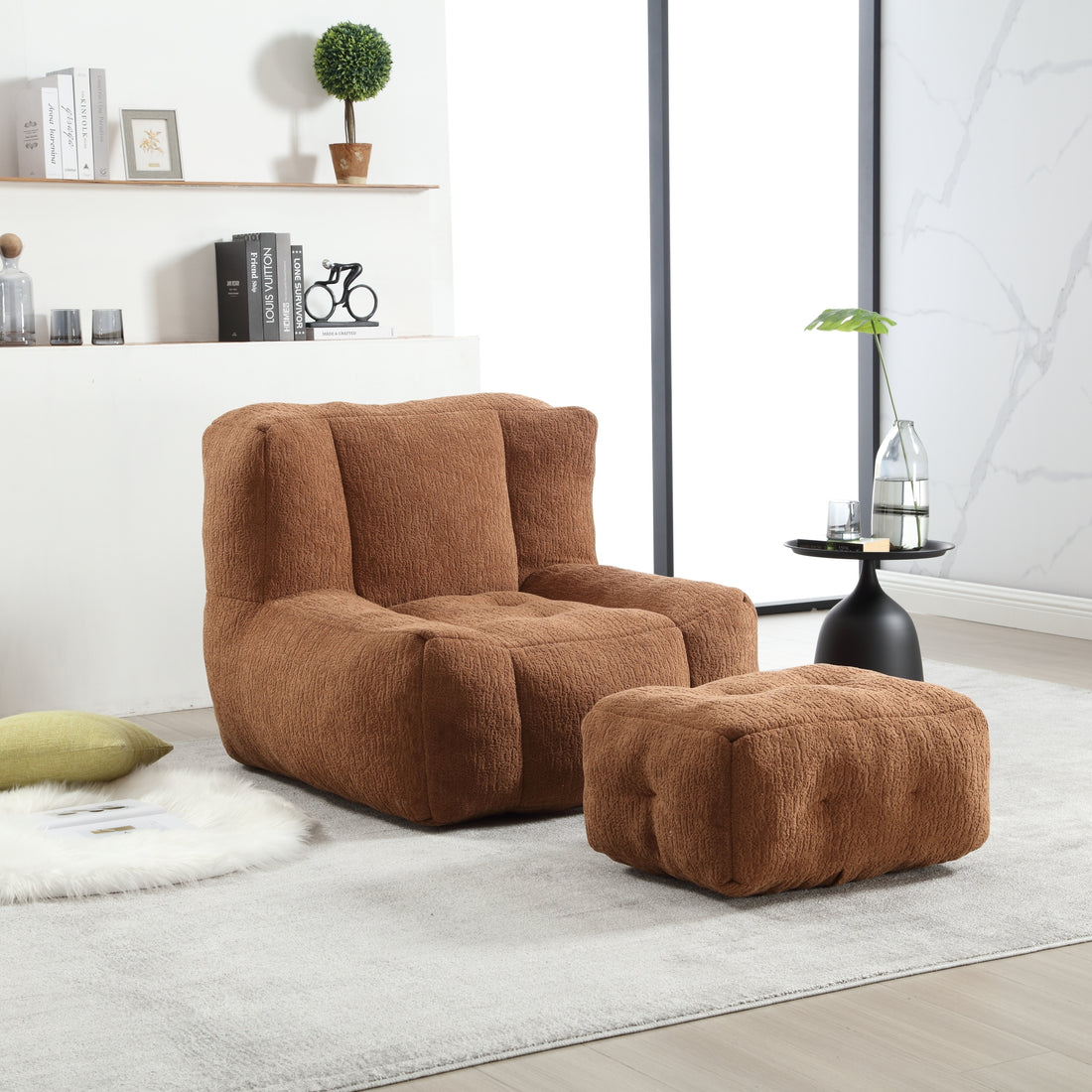 Fluffy Bean Bag Chair, Comfortable Bean Bag For Adults And Children, Super Soft Lazy Sofa Chair With Memory Foam And Ottoman, Indoor Modern Focus Bean Bag Chair For Living Room, Bedroom, Apartment Brown Velvet