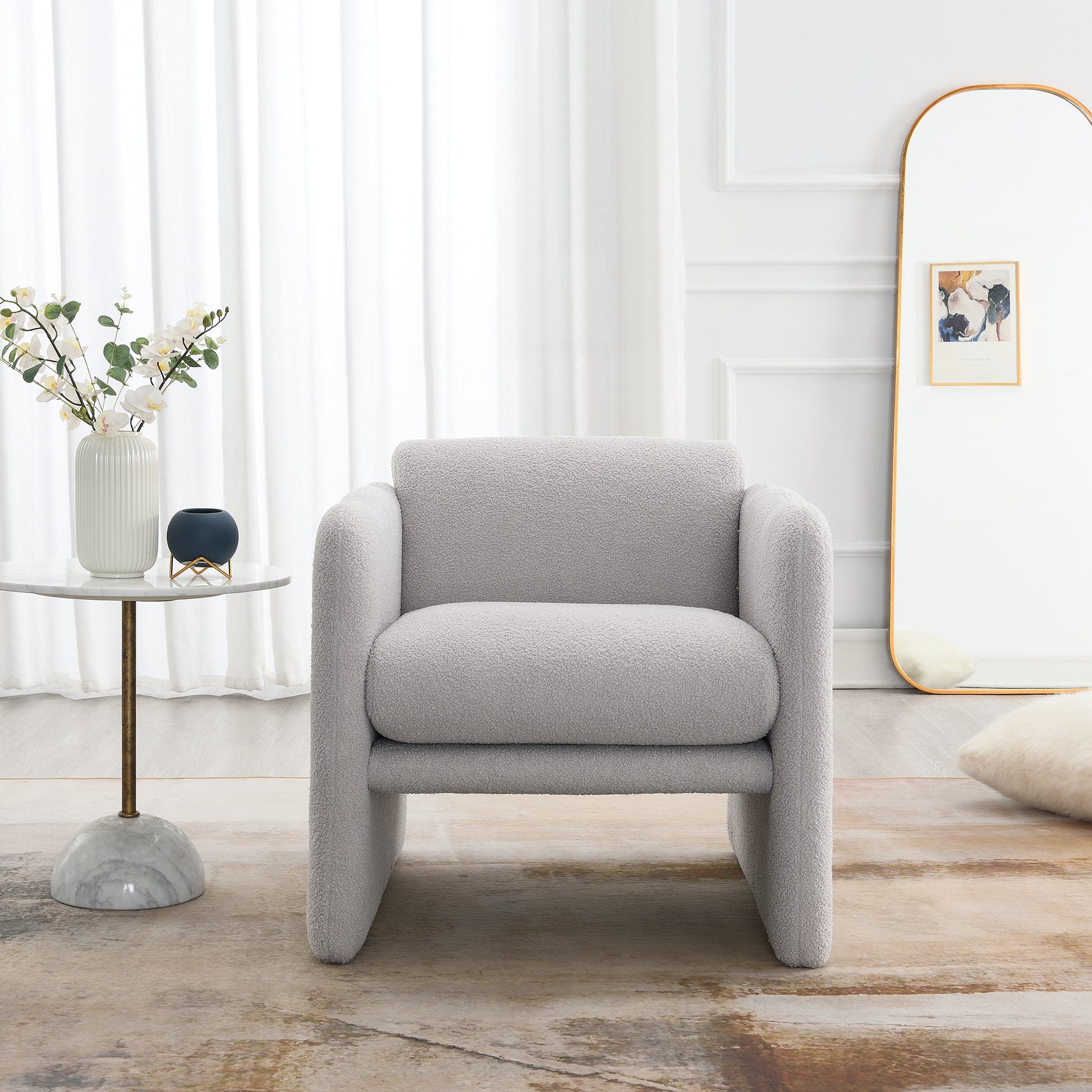 Arm Chair With Waved Arms, Metal Decoration On Both Side Arms, Accent Chair For Primary Living Space,Living Room,Bedroom, Teddy Fabric, Light Grey Light Grey Primary Living Space Modern Foam Plywood