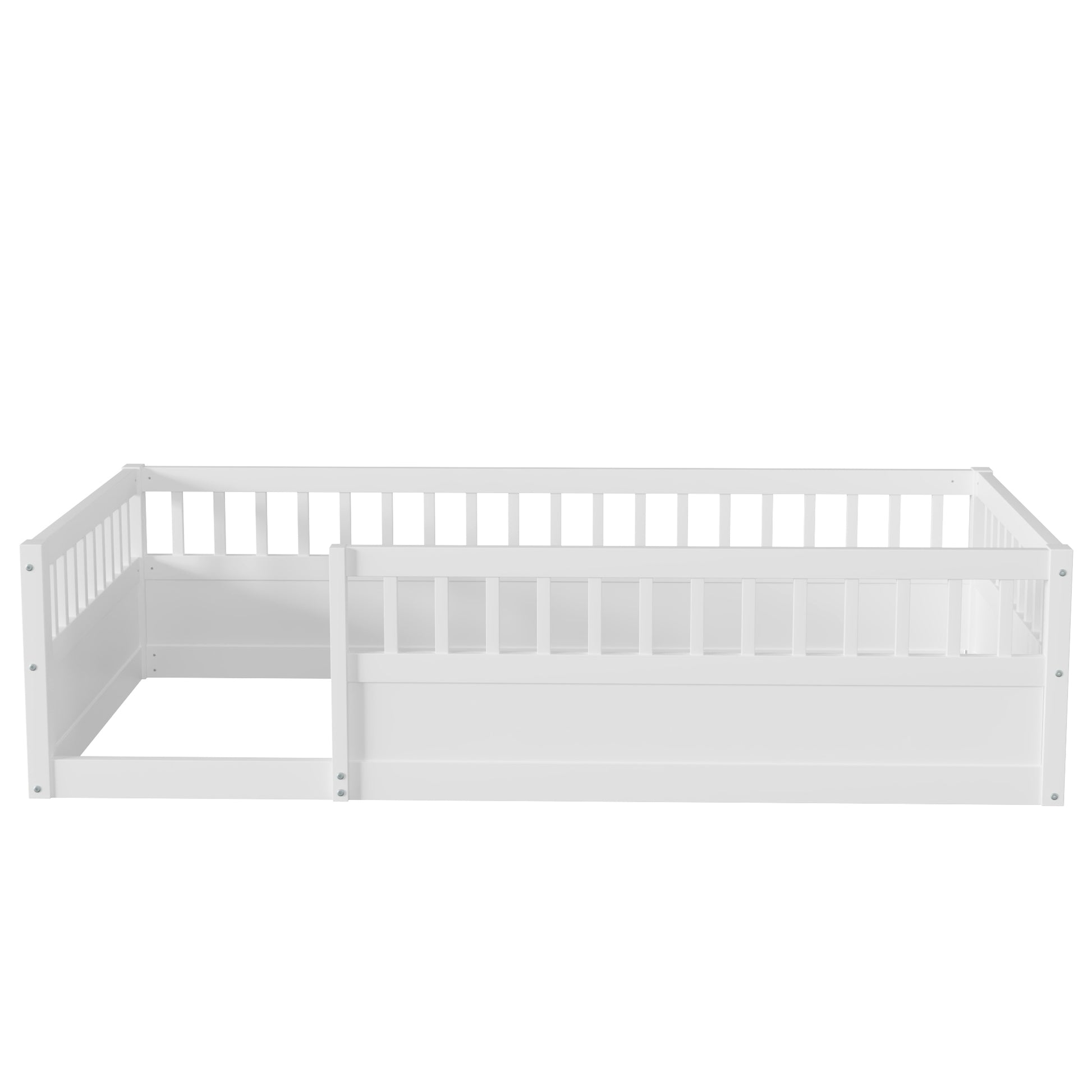 Twin Floor Bed Frame With Fence, Wood Kids Floor Beds Frame For Bedroom Playroom,White Twin White Pine