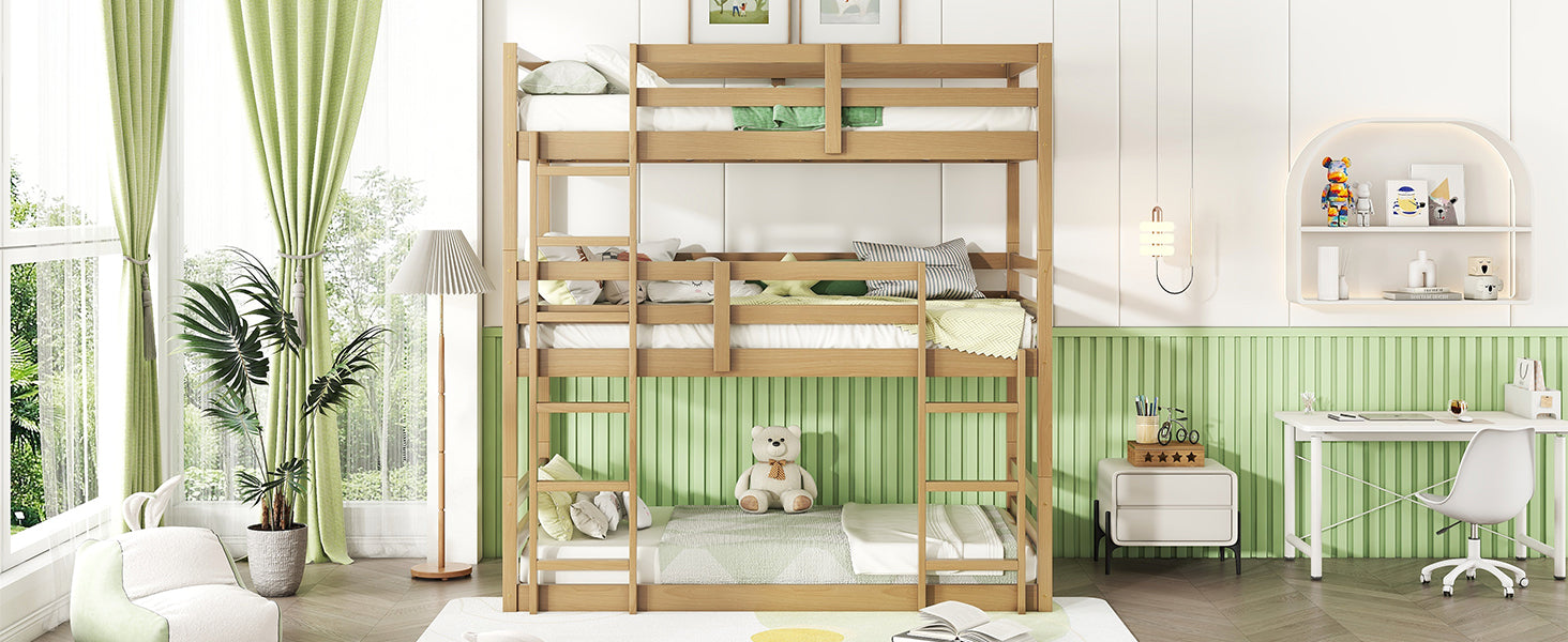 Triple Rubber Wood Bunk Bed With Two Built In Ladders, Guardrails, Twin Over Twin Over Twin, Detachable Triple Twin Bunk Bed,White Oak Twin White Oak Bedroom American Design Bed Frame Rubber Wood