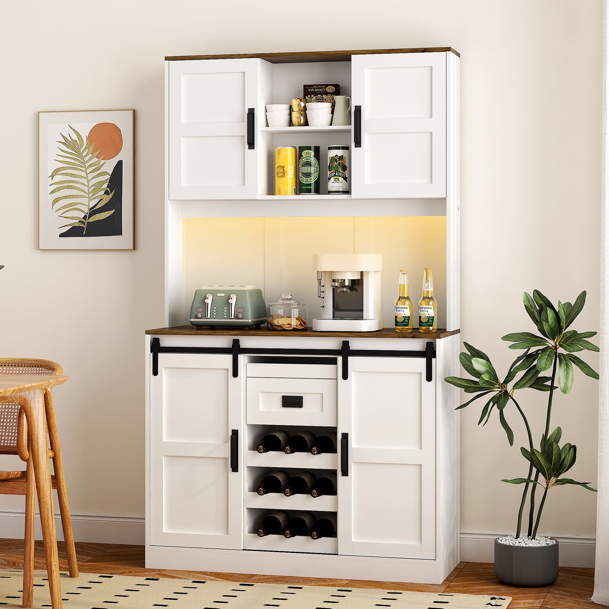 Farmhouse Bar Cabinet With Sliding Barn Door, Large Kitchen Buffetrustic Coffee Bar Sideboard Table,White White Mdf