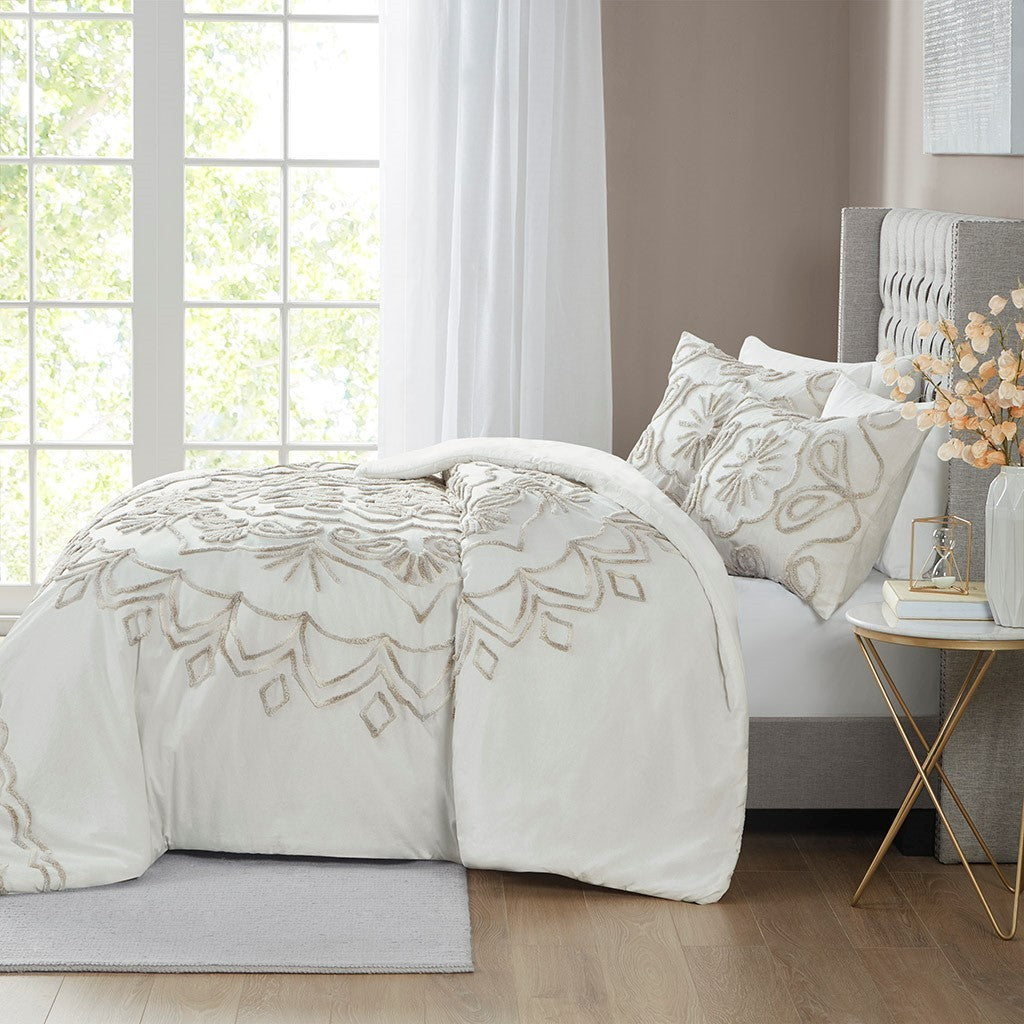 3 Piece Tufted Cotton Chenille Duvet Cover Set King Ivory Taupe Cotton