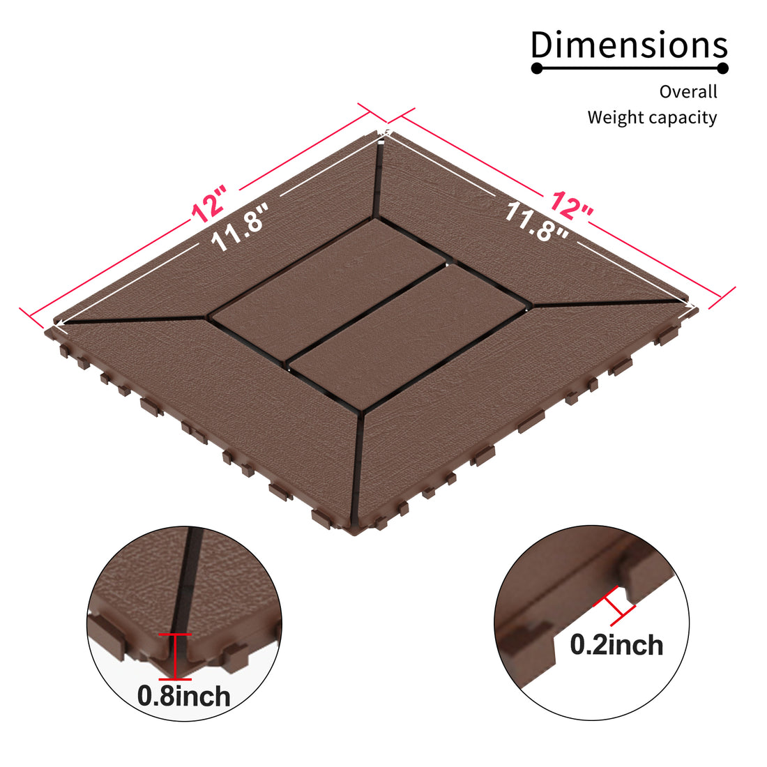 Style 12" Patio Deck Tiles, Diy Module Interlocking Decking Tiles Floor Tile,Easy And Quick Installation Court Tiles For Porch Poolside Balcony Backyard 44Pcs Red Brown Red Brown Polypropylene