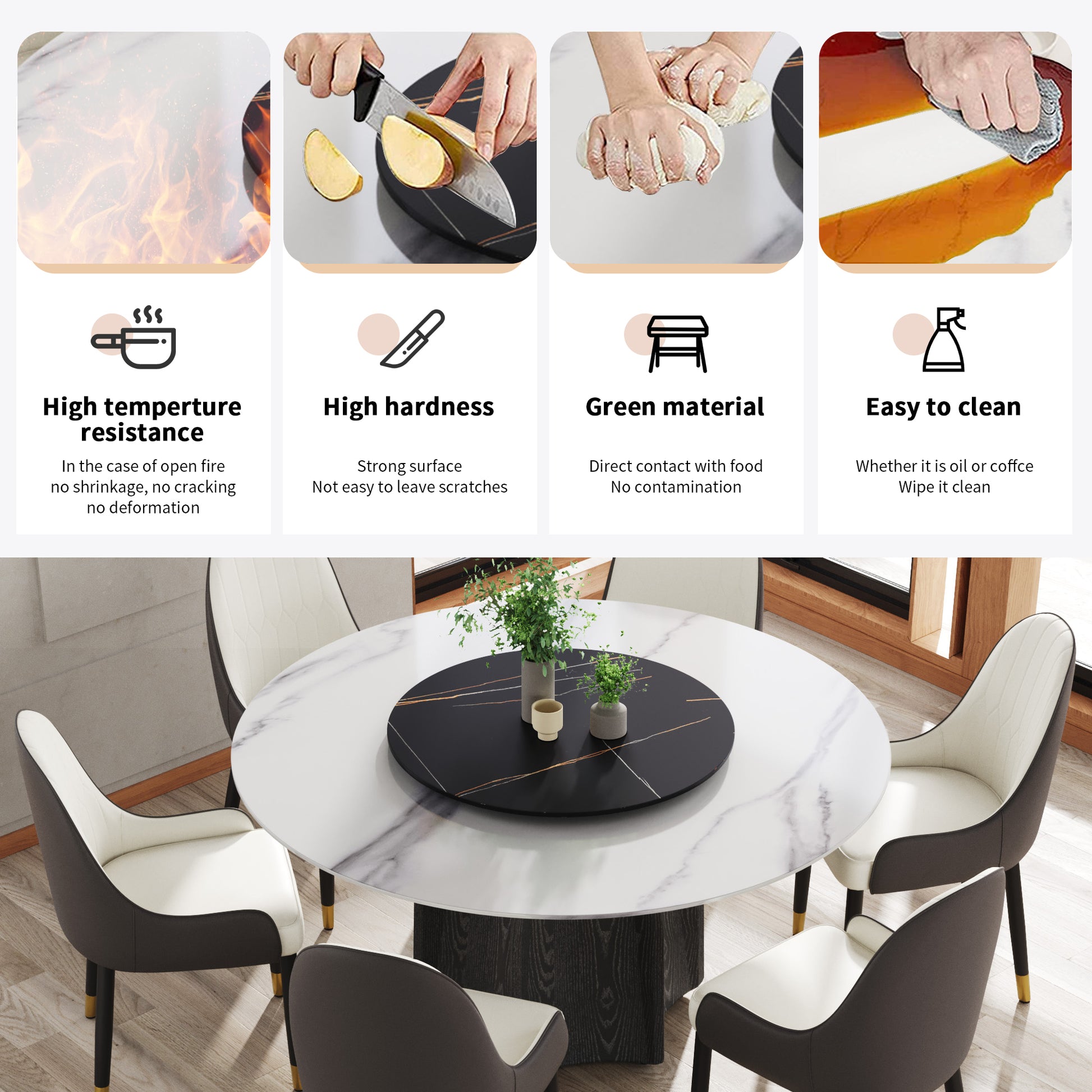 59.05" Round Marble Dining Table With Black Textured Solid Wood Base, Artificial Marble For 6 8 People, 31.5"Black Artificial Stone Turntable,White&Black Dining Table Only Black,White Dining Room