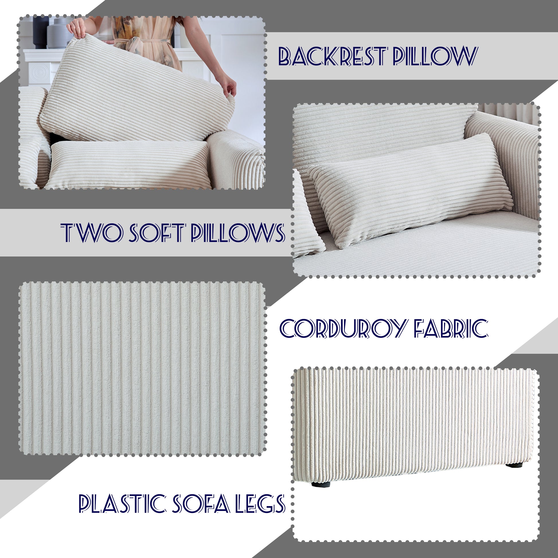 60"Corduroy Fabric Sofa With 33" Single Sofa, Modern Sofa With Support Pillow, For Apartment, Office, Living Room & Bedroom Beige Corduroy 2 Seat