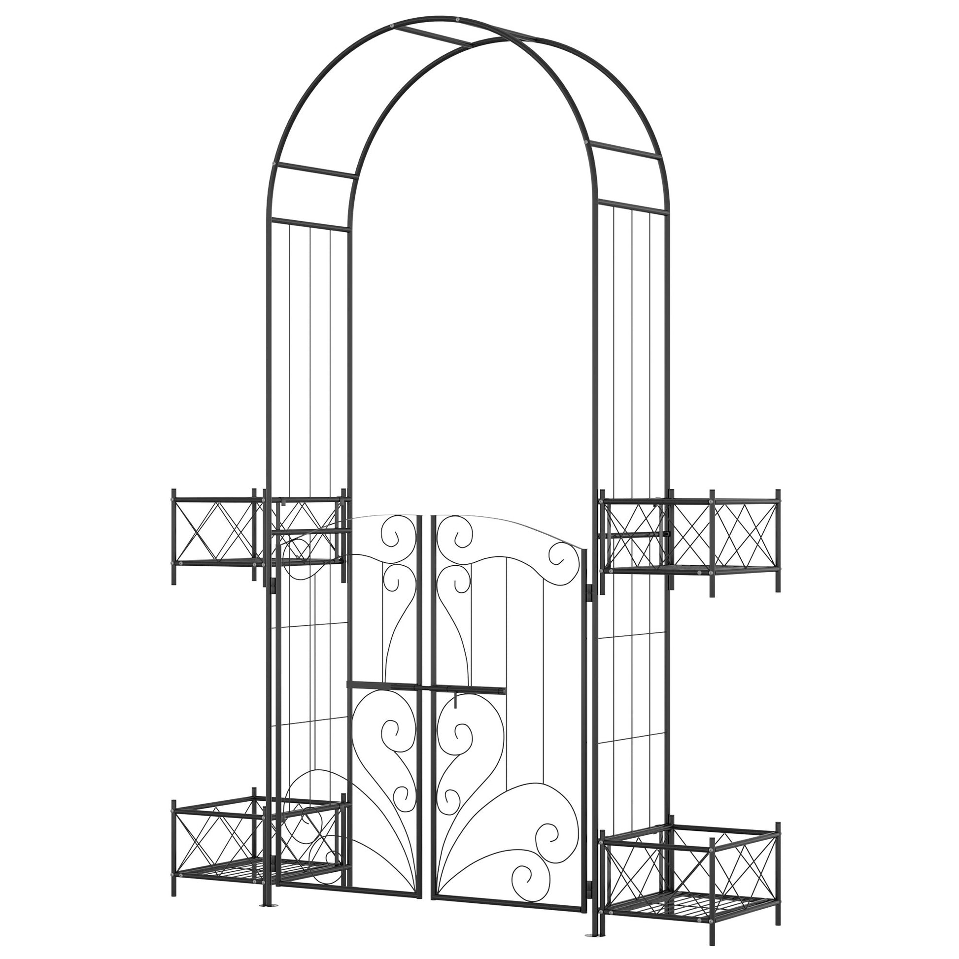 Outsunny 7' Garden Arch Arbor, Metal Arch Trellis With Gate, Garden Archway For Climbing Vines, Wedding Ceremony Decoration, Black Black Metal