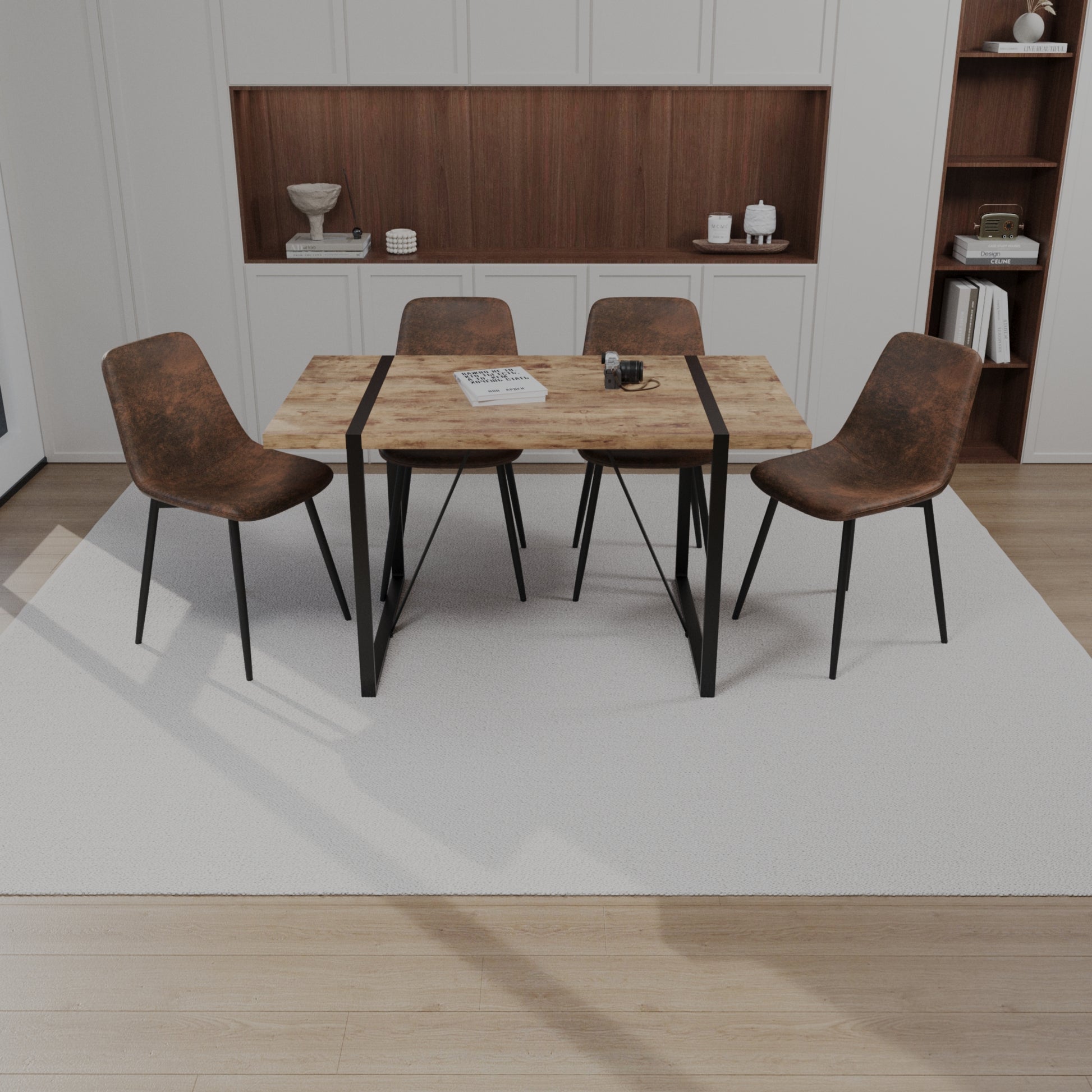 Mdf Dark Wood Dining Table And Modern Dining Chair 4 Piece Set, Medieval Wooden Kitchen Dining Table Set, Rectangular Metal Base, Dining Table And Suede Chair Wood Mdf
